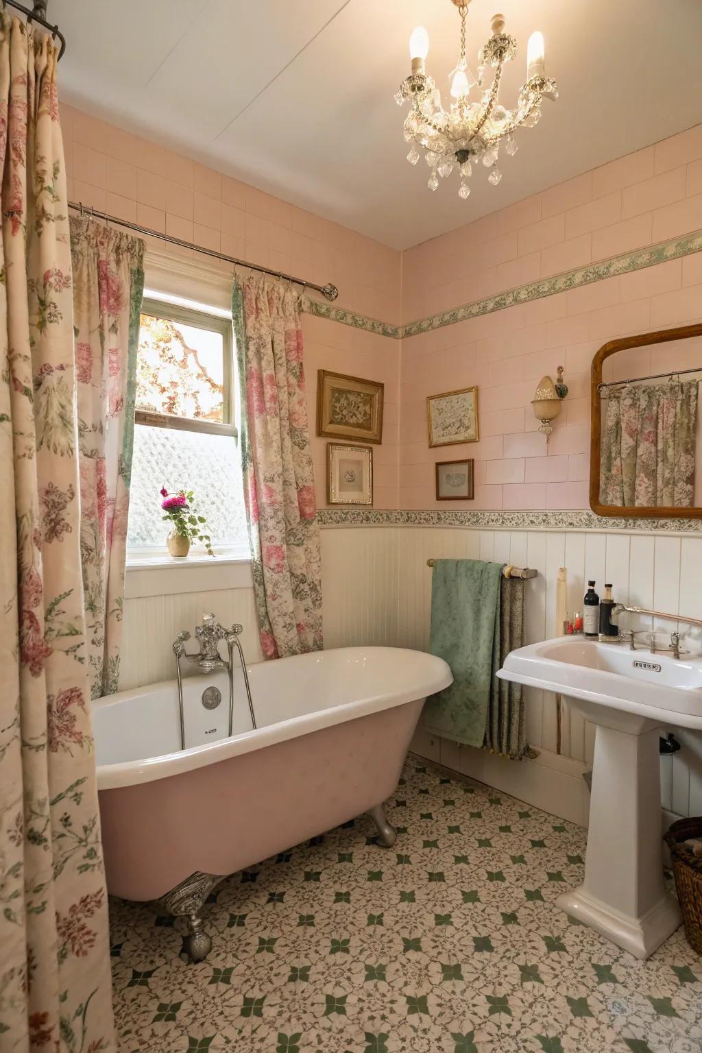 Pastel fixtures add a soft, calming touch to a retro bathroom.