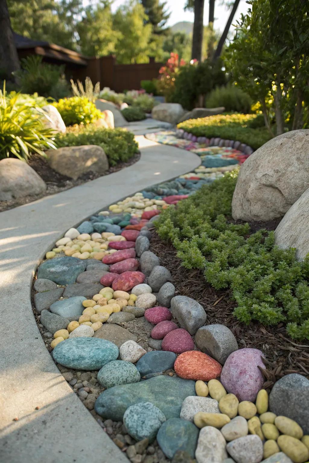 A vibrant arrangement of river stones introduces visual intrigue to this garden setting.