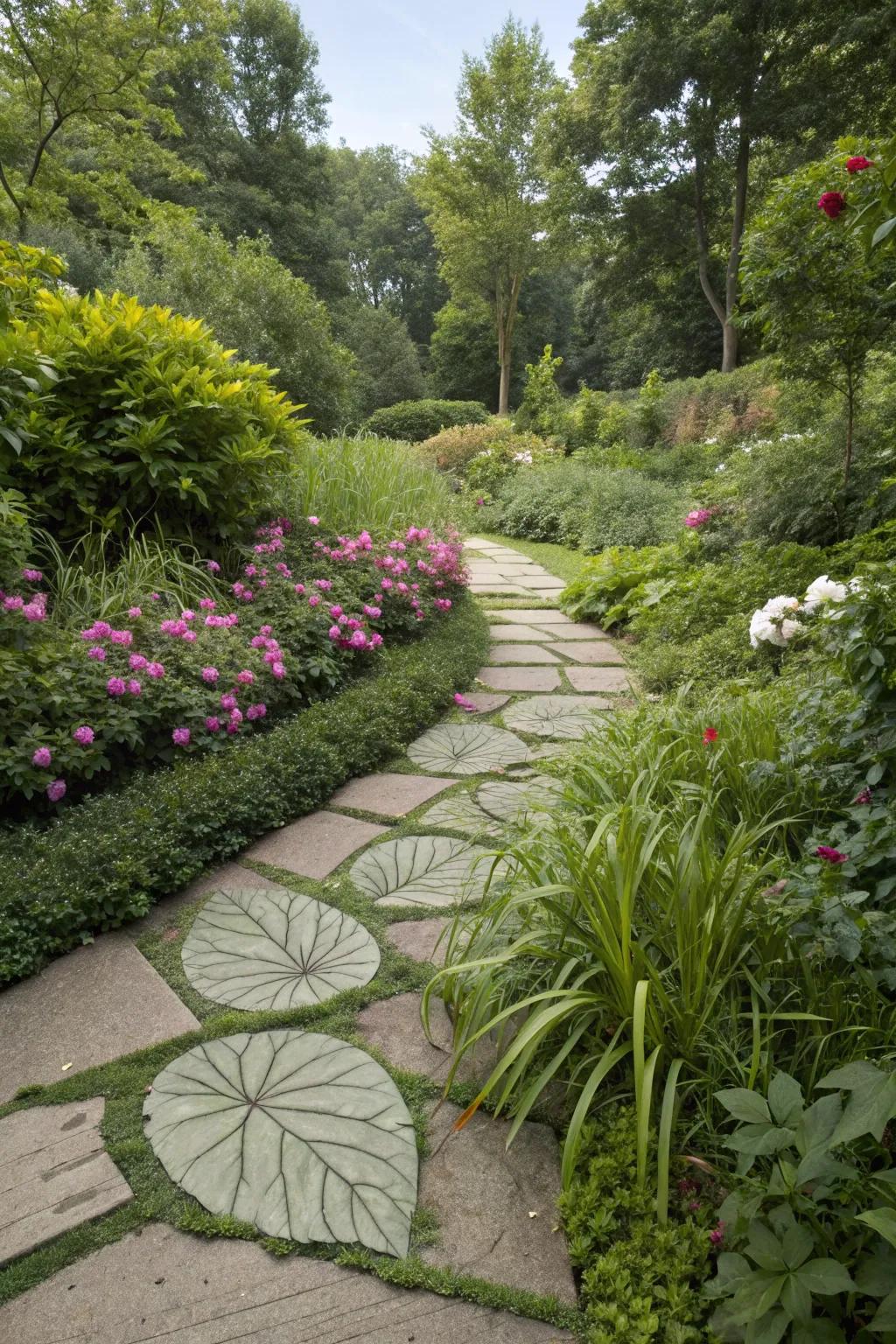 Foliage-form stones introduce a playful element to garden paths.