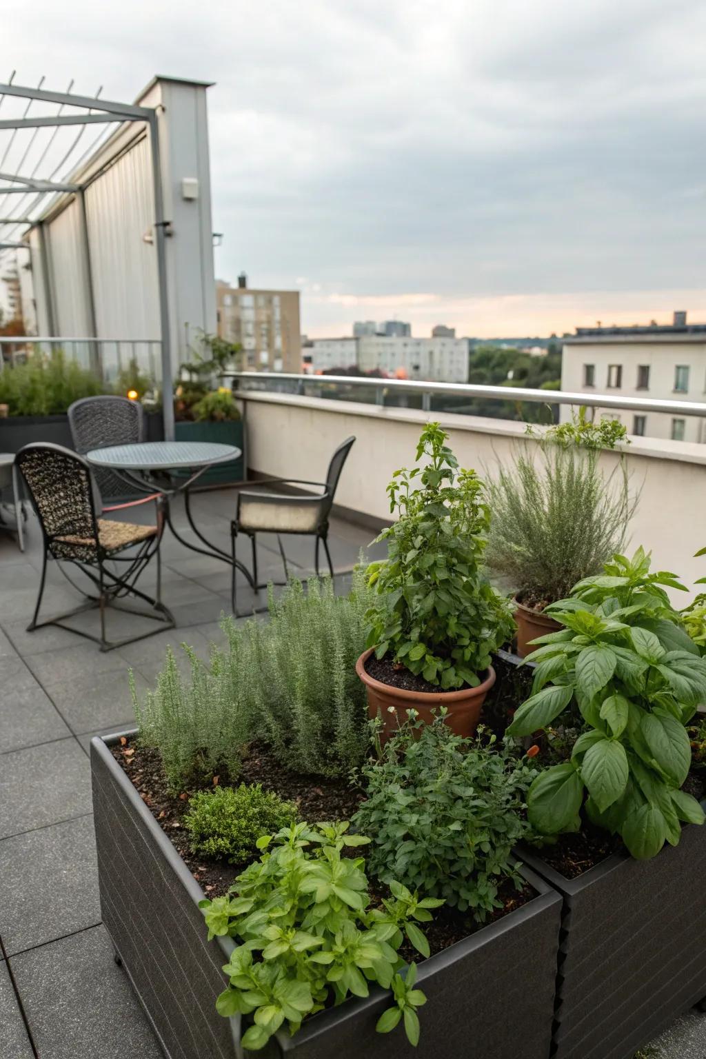 A small herb garden introduces practicality and aroma to your rooftop.