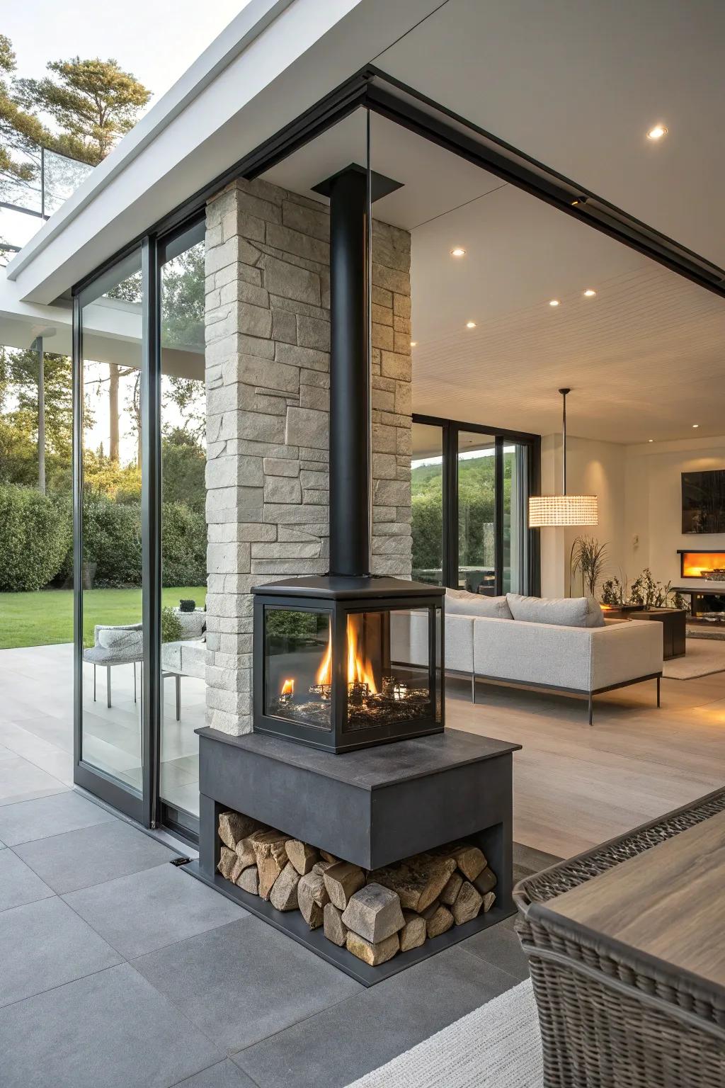 Glass-encased fireplaces maintain openness and elegance in any room.