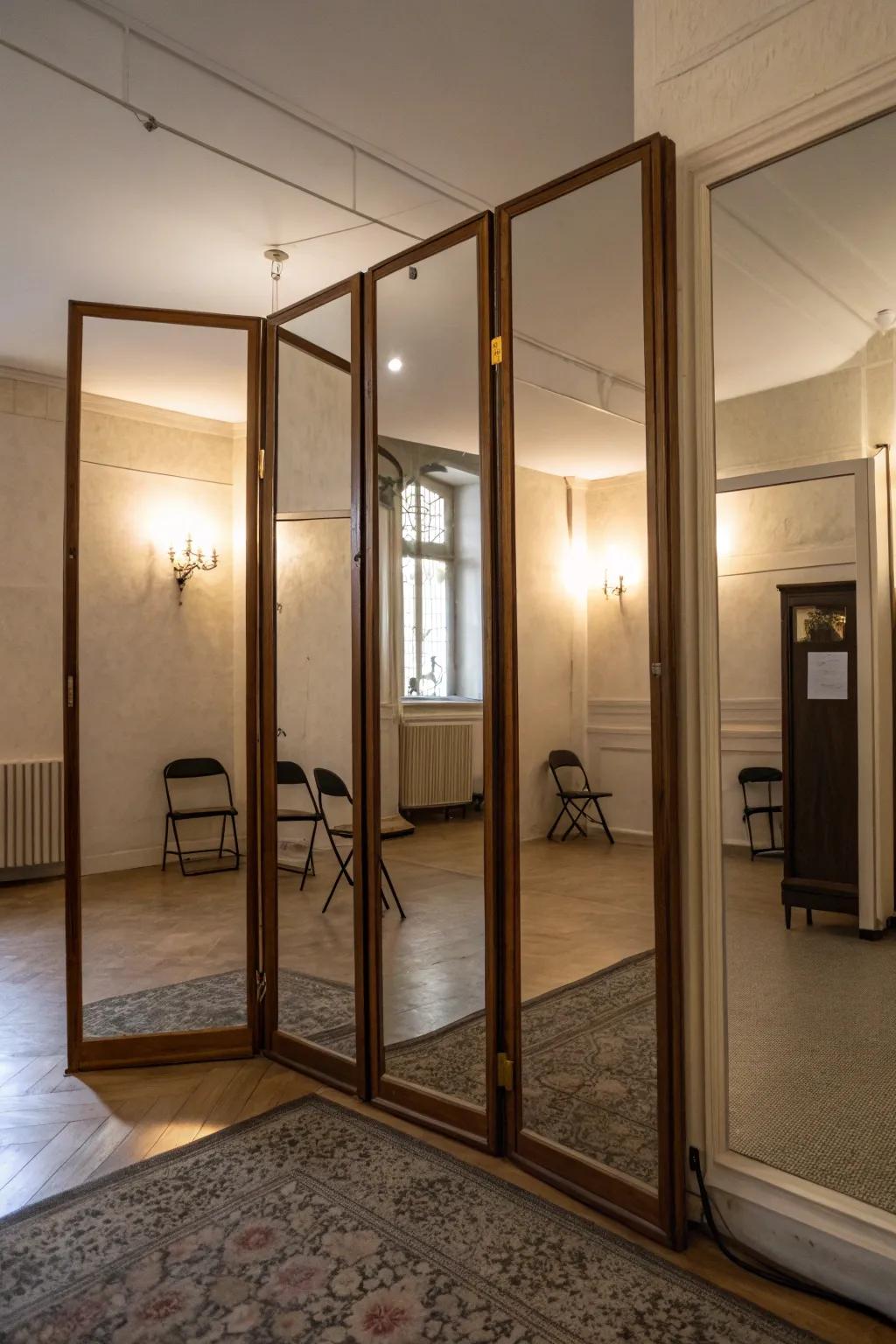 Mirrored screens are a fashionable choice for increasing depth and light in your room.