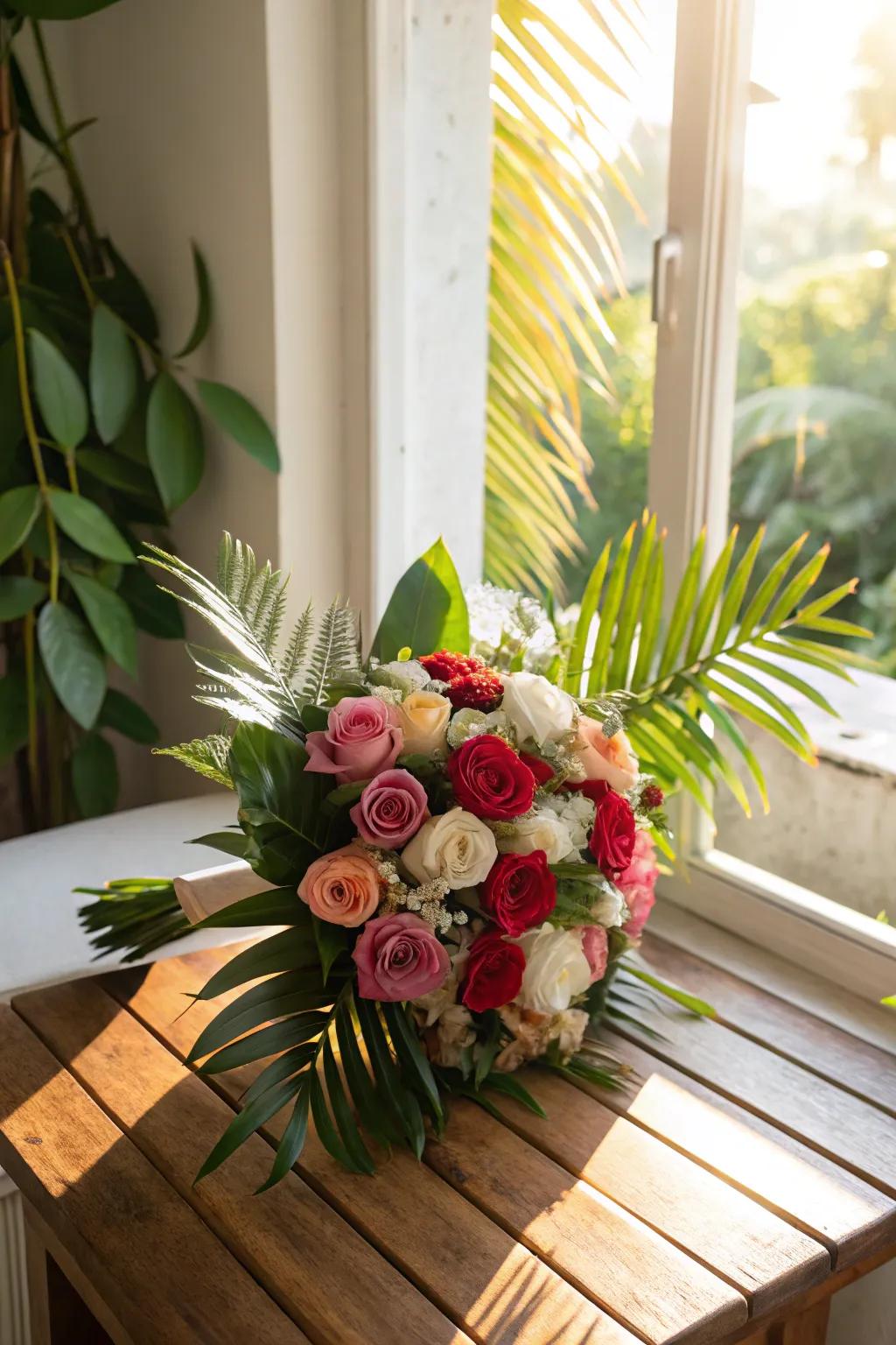Tropical inflection featuring roses and lush greenery.