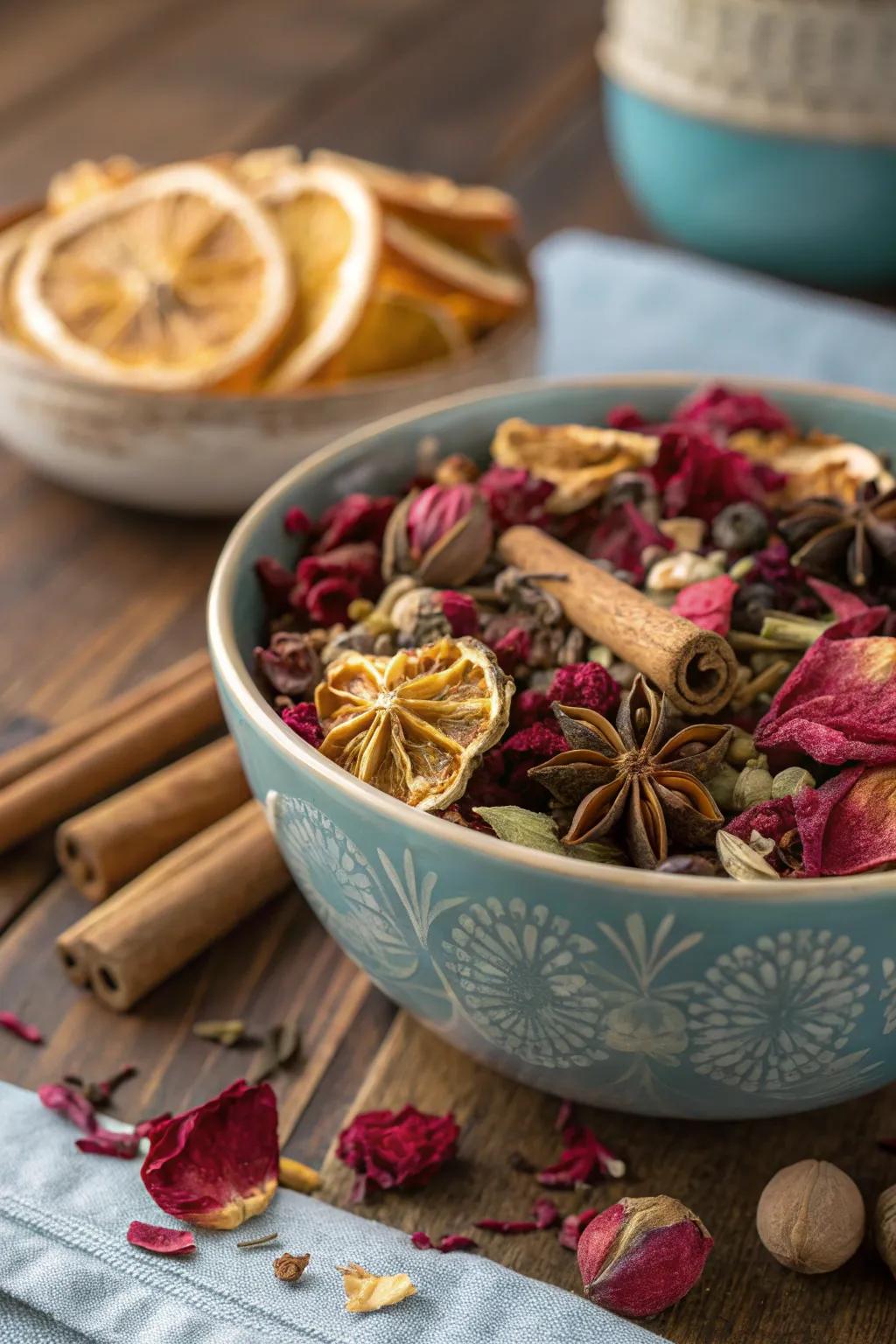 A fragrant potpourri created from dried rose petals