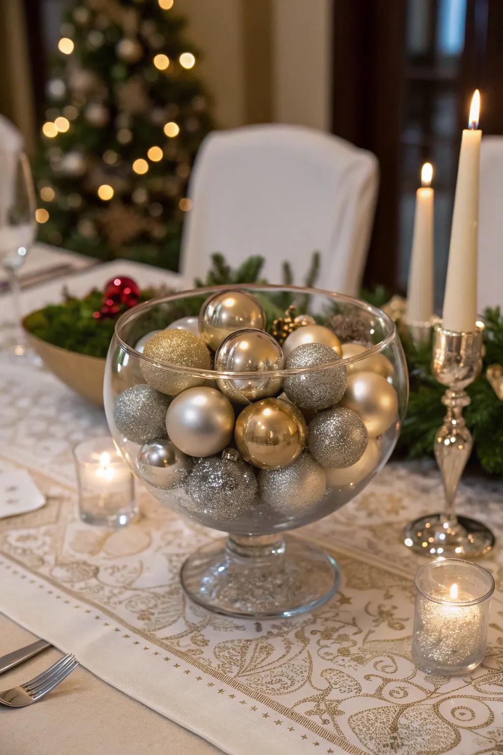 Shiny spheres in a glass bowl infuse a dazzling, celebratory glitter into your decor.