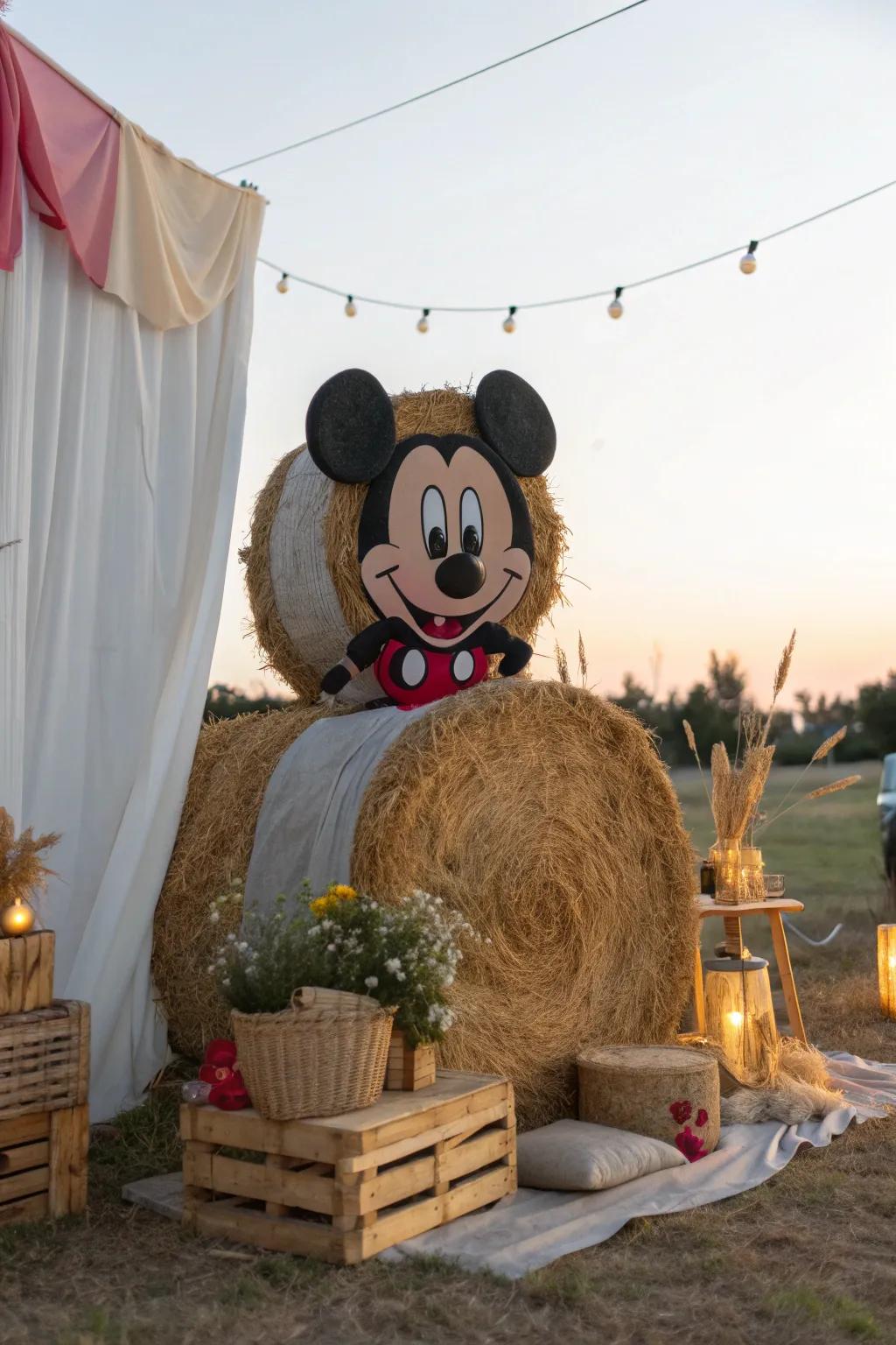 Disseminate delight through hay bales adorned as cherished cartoon characters.