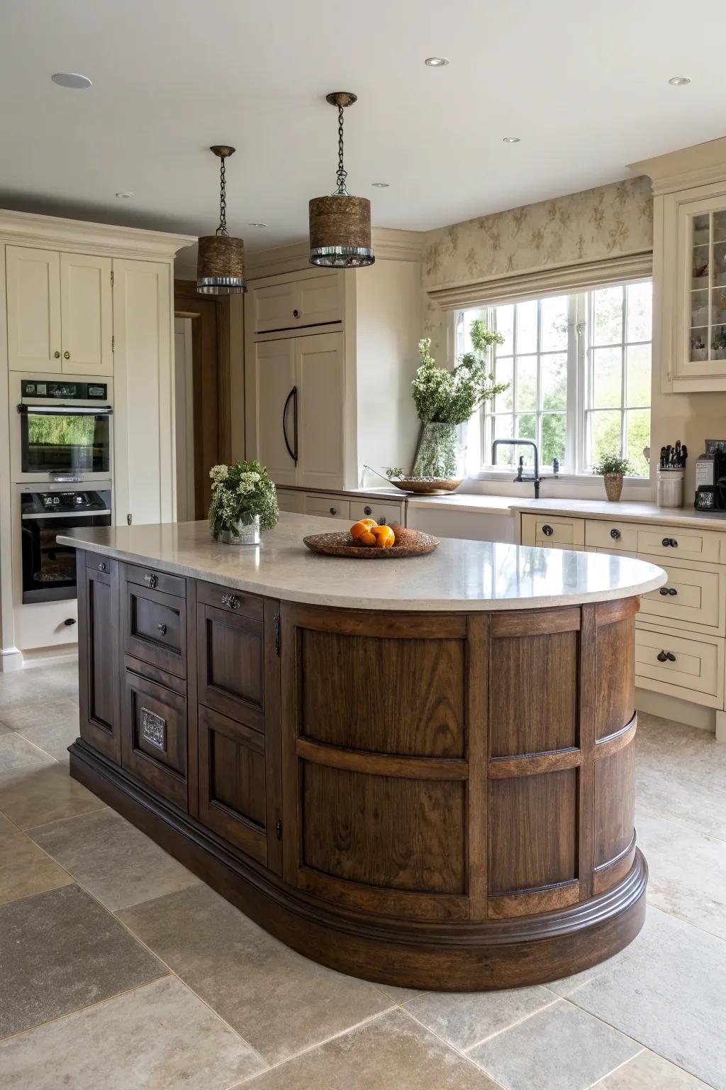 Distinct shapes introduce an avant-garde flair to a round kitchen island.
