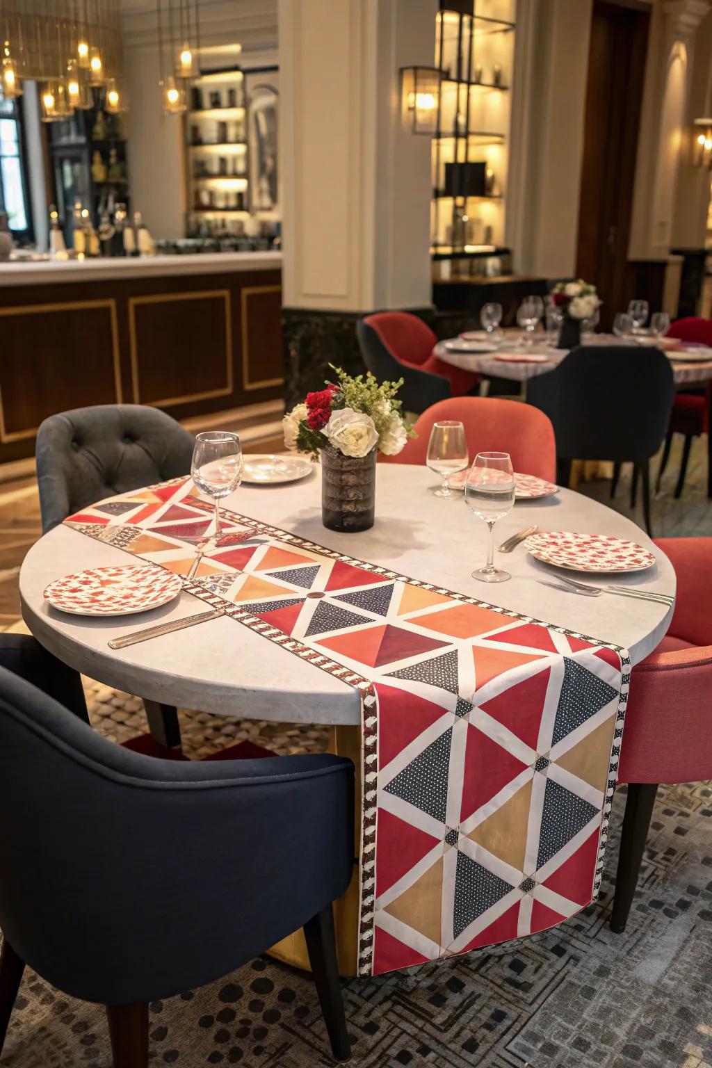 Geometric designs infuse contemporary energy into table arrangements.