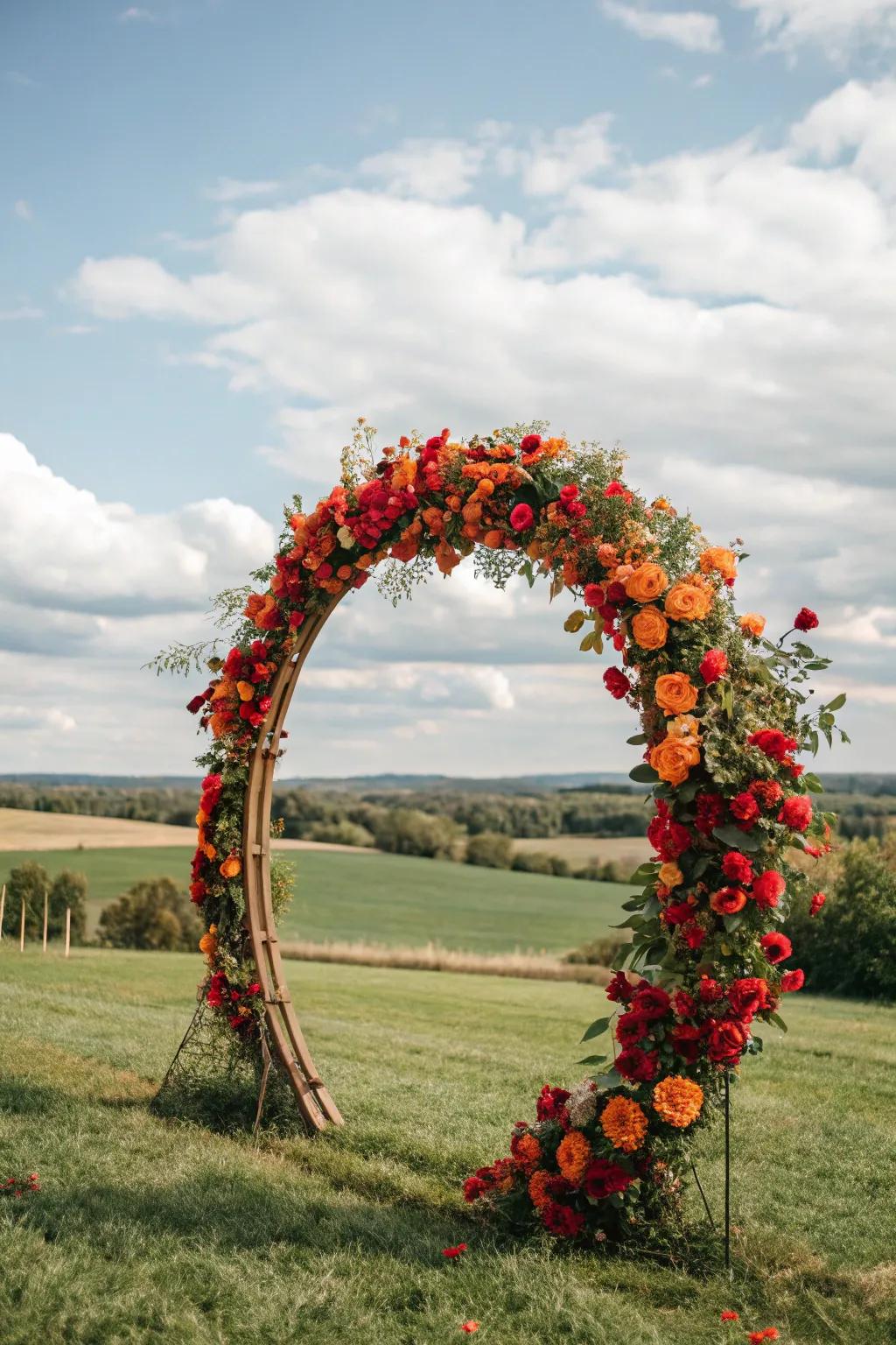 A vibrant circular wedding arch featuring striking colors.