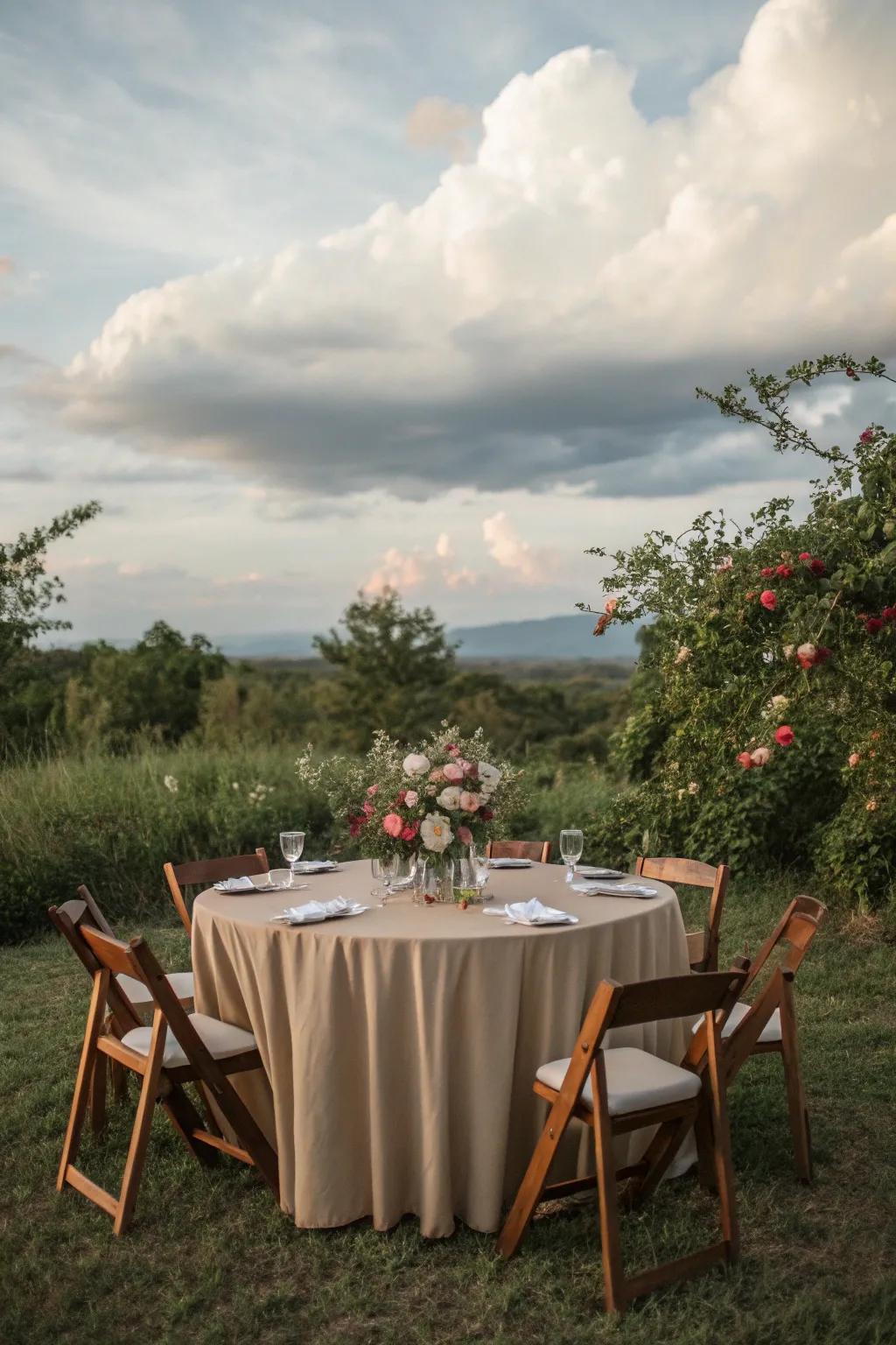 Tablecloth in earthen tones harmonizing with natural surroundings.