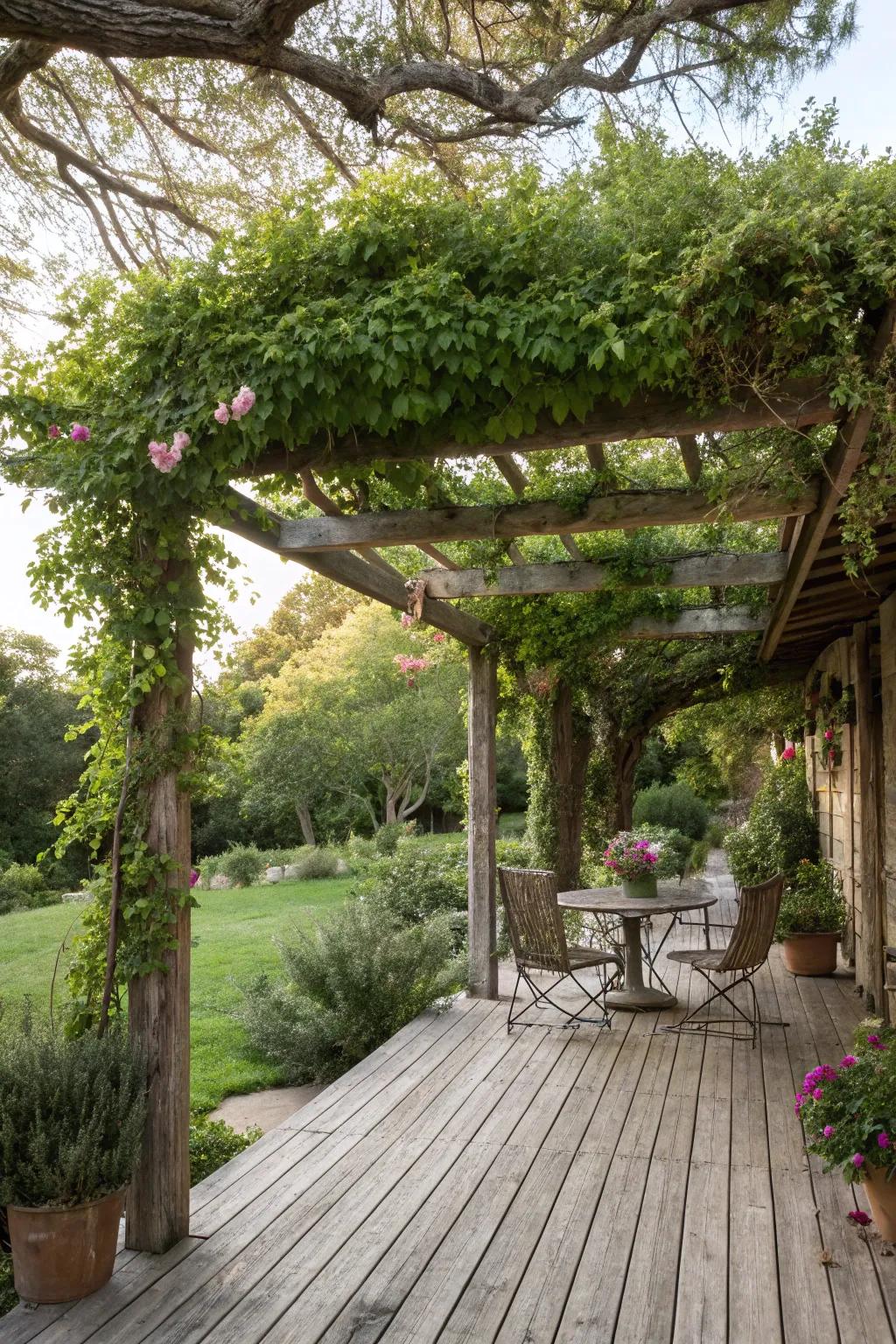 Pergola awnings offer countryside and airy charm.