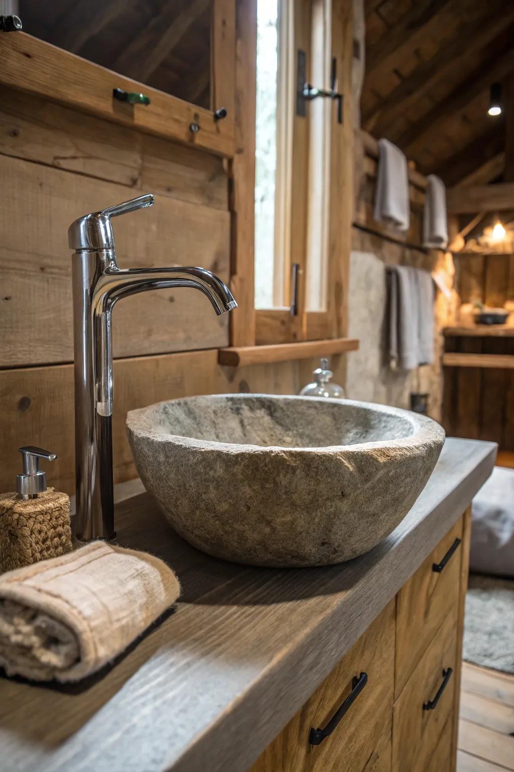 The fusion of metal and stone creates a striking country contrast.
