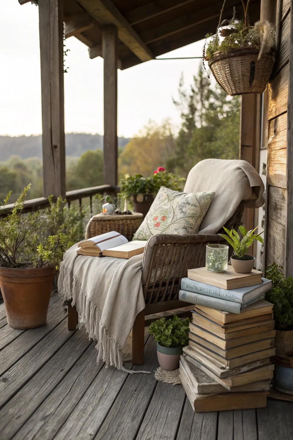 A reading nook is a superb retreat on this countryside deck.