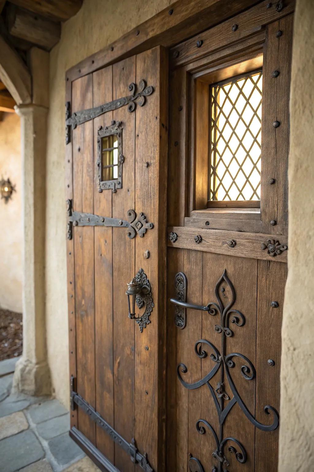 Speakeasy windows add an intriguing vintage touch to rustic doors.