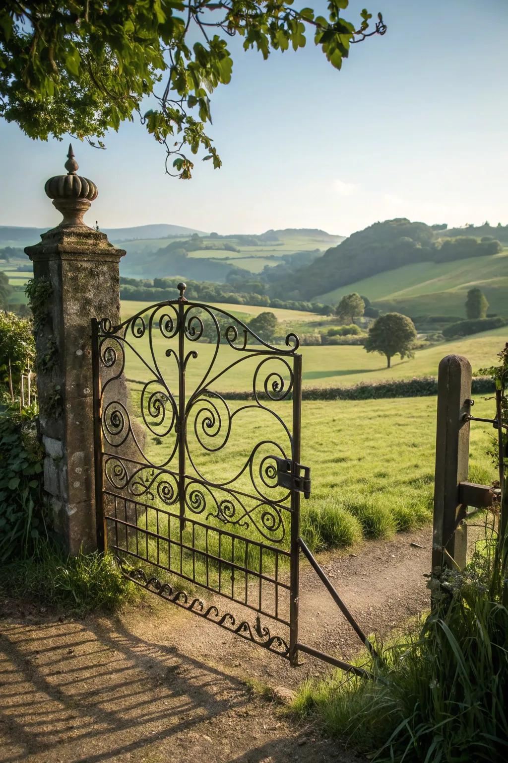 Elegance through elaborate iron scrollwork on a homestead portal.
