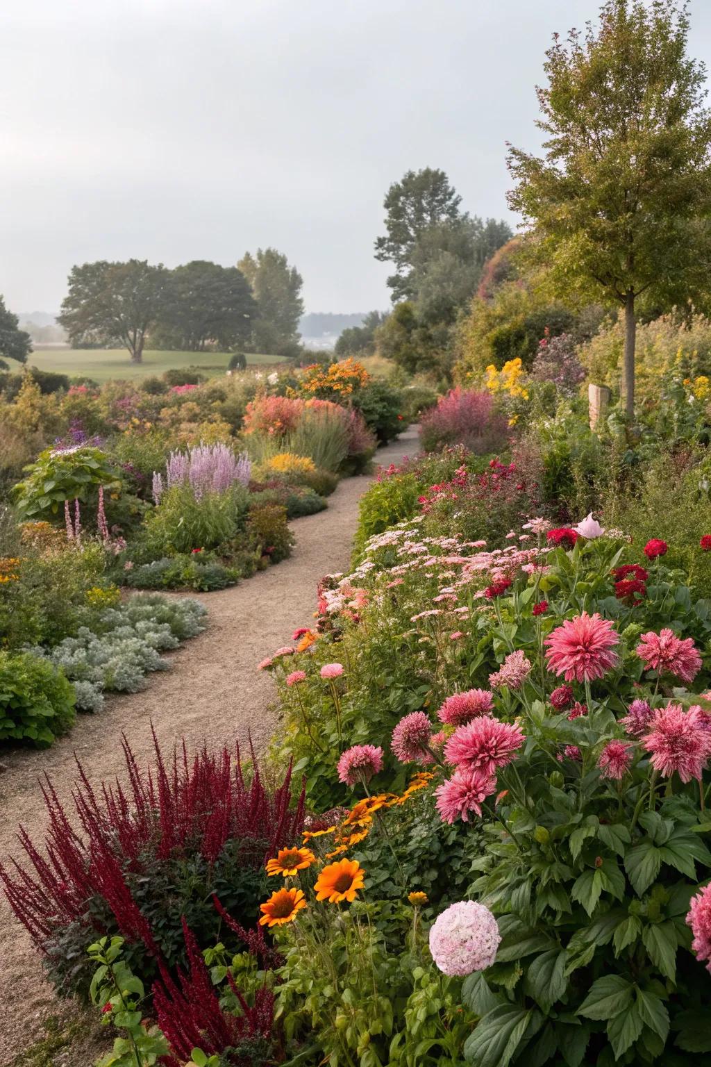 Periodic planting injecting dynamic color into the garden.