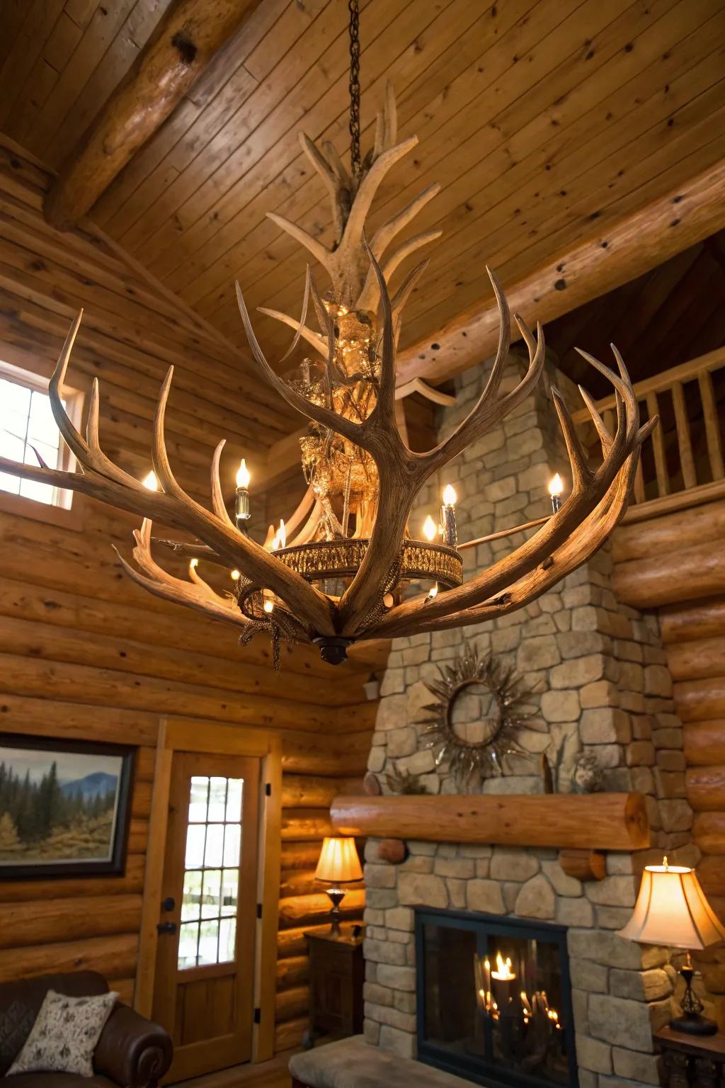 Lighting inspired by antlers introduces a distinct charm to this countryside cabin.