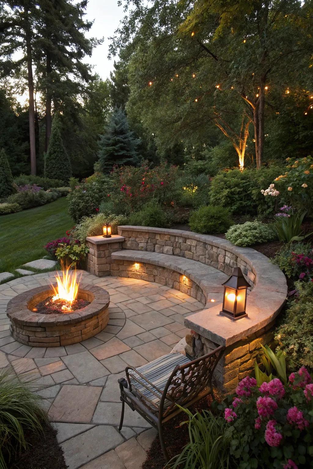 A rock bench adds elegance and functionality to your fire pit.