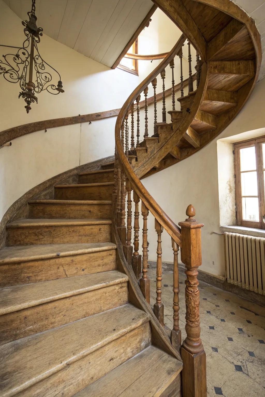 A windy staircase that serves as a compact yet stunning focal point with rustic charm.