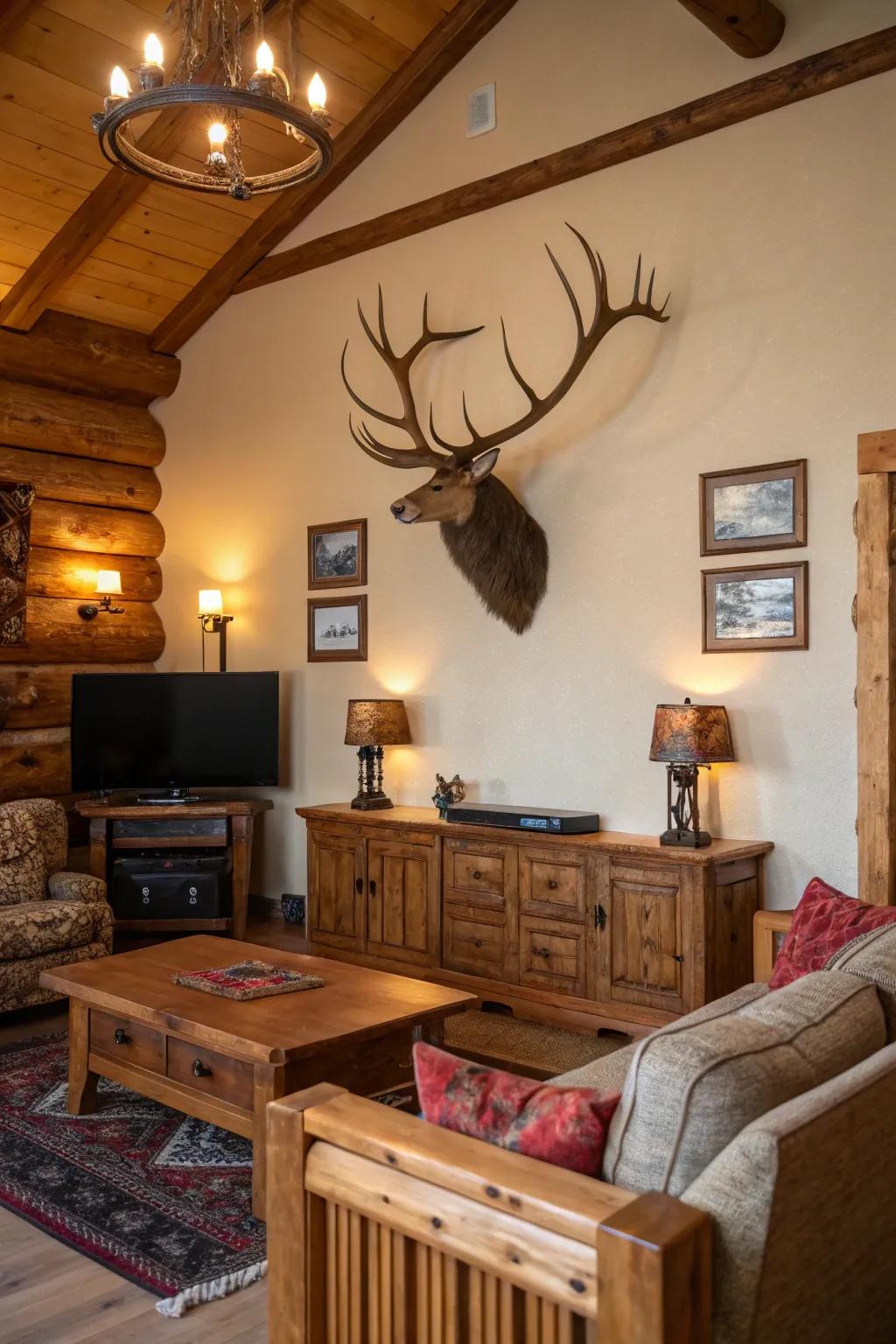 A artificial antler wall decor serves as a striking statement piece in countryside decor.