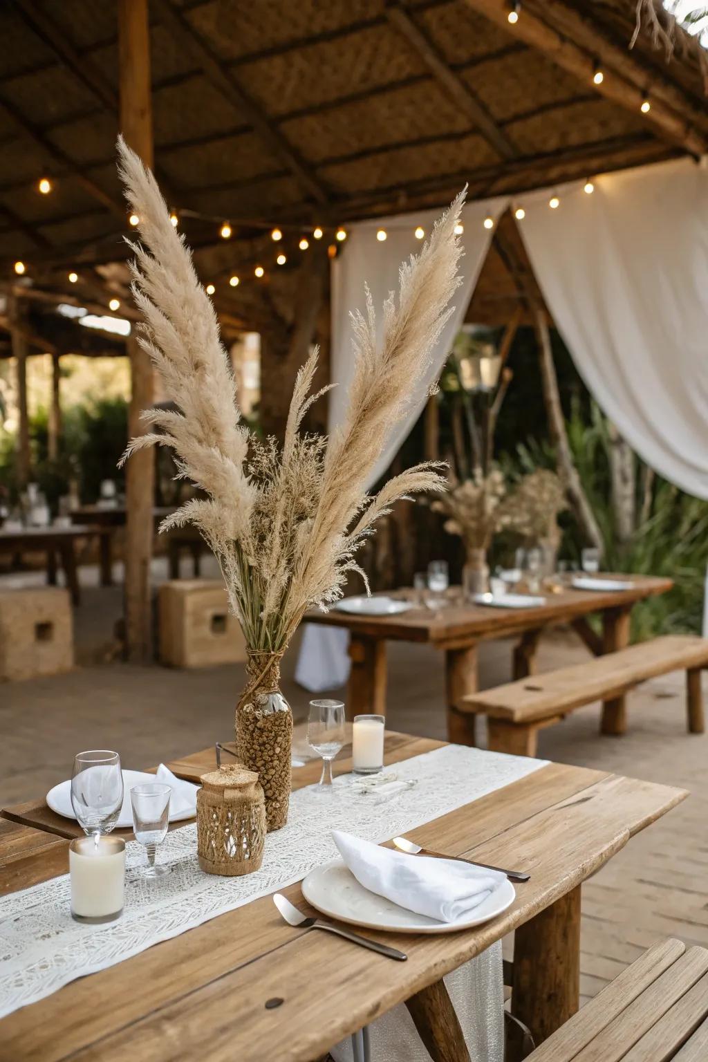 Sophisticated pampas grass introducing elevation and texture to the table decor.