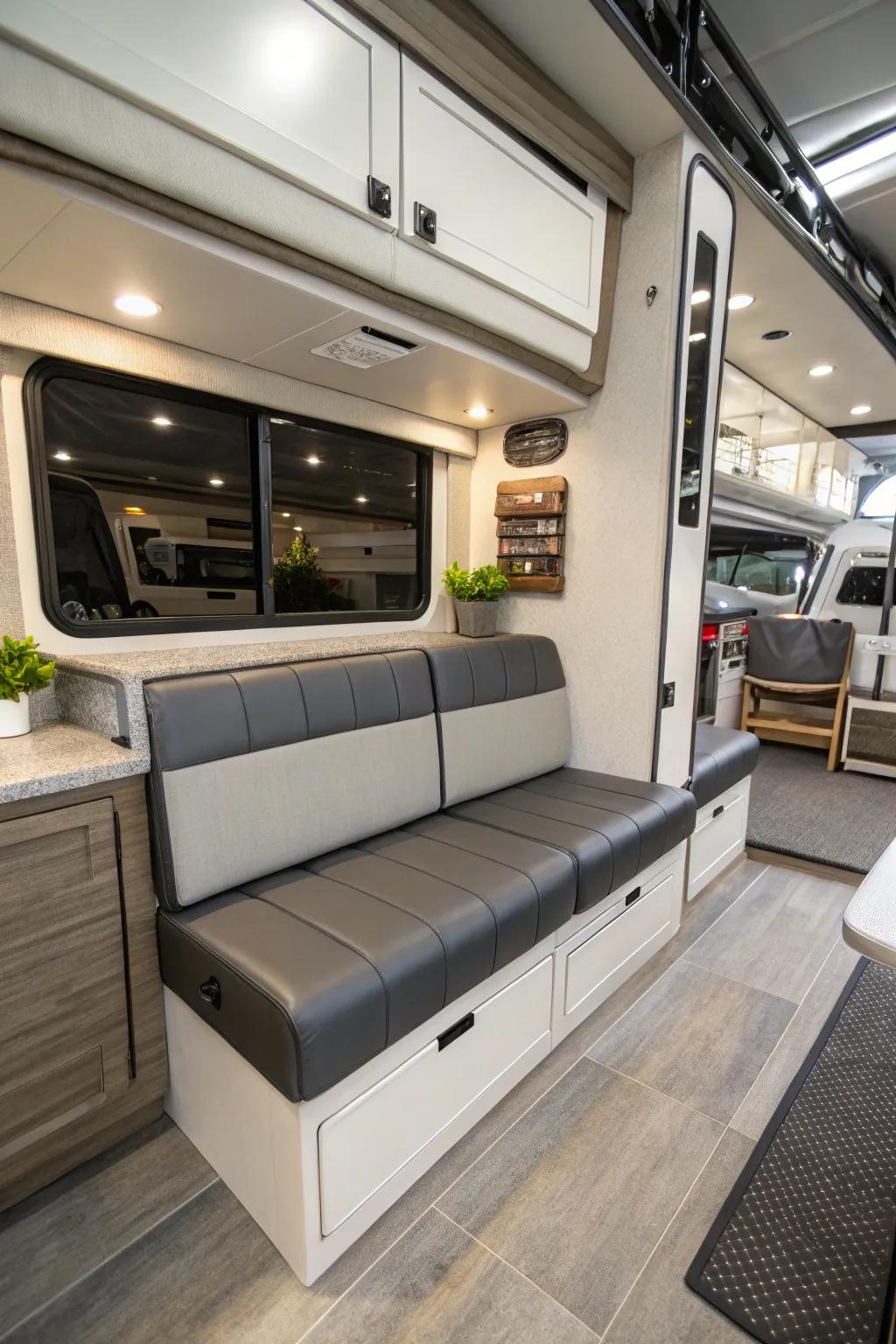 Bench seating optimizes both seating and space in RVs.