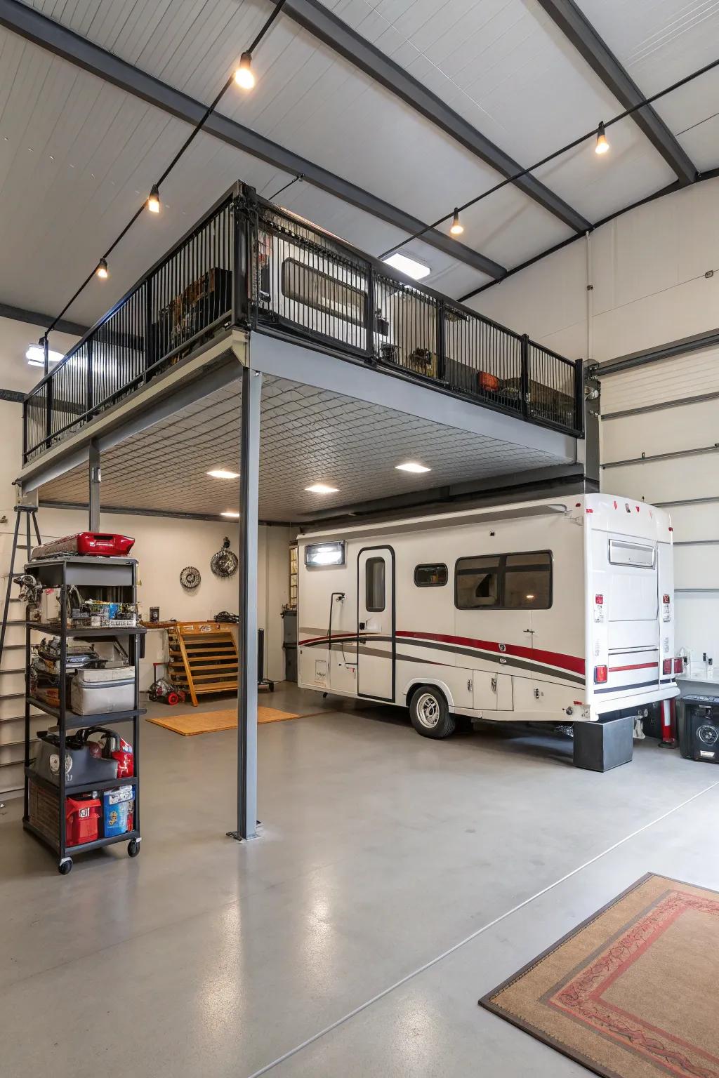 Raised platform in an RV garage efficiently maximizing vertical space.