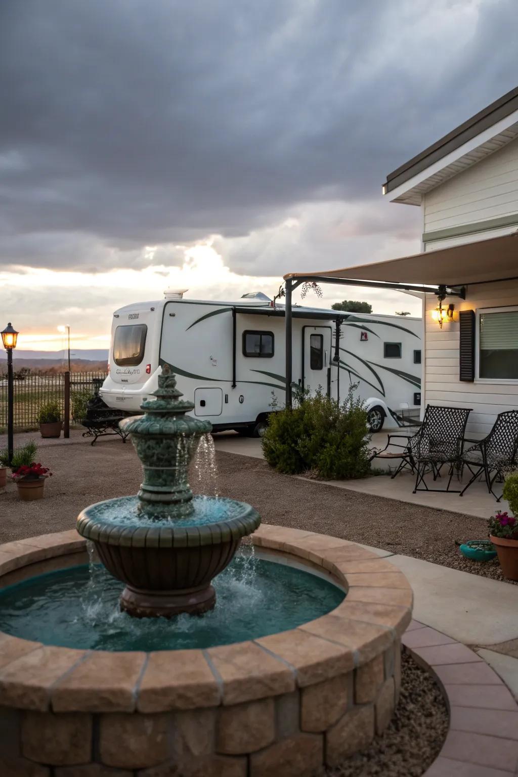 A water piece introduces a calming presence to your RV patio.