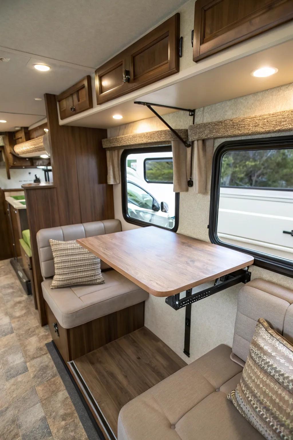 A floating table design keeps your RV interior light and open.