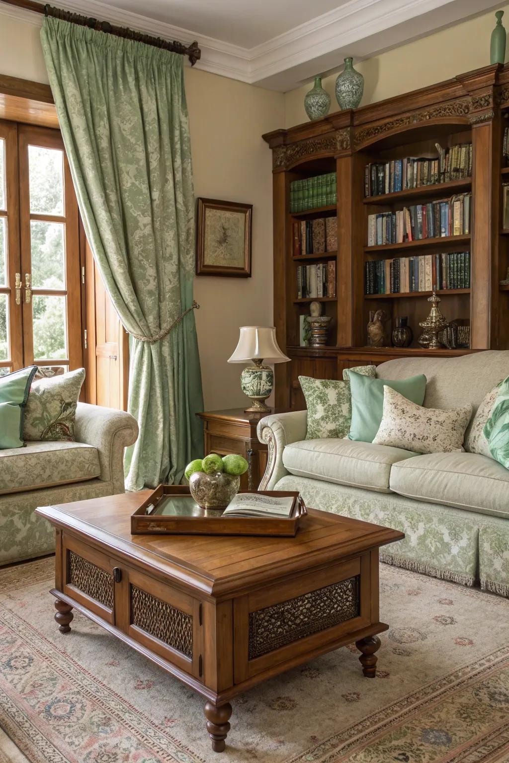 Vintage components add history and charm to a sage green space.