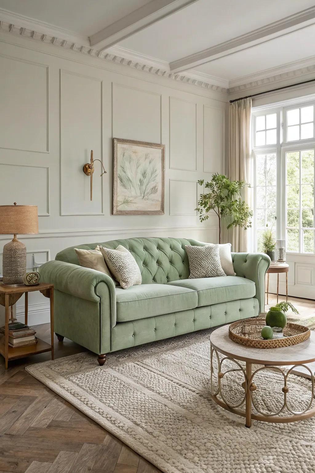 A living room with a bold sage green couch as the centerpiece.