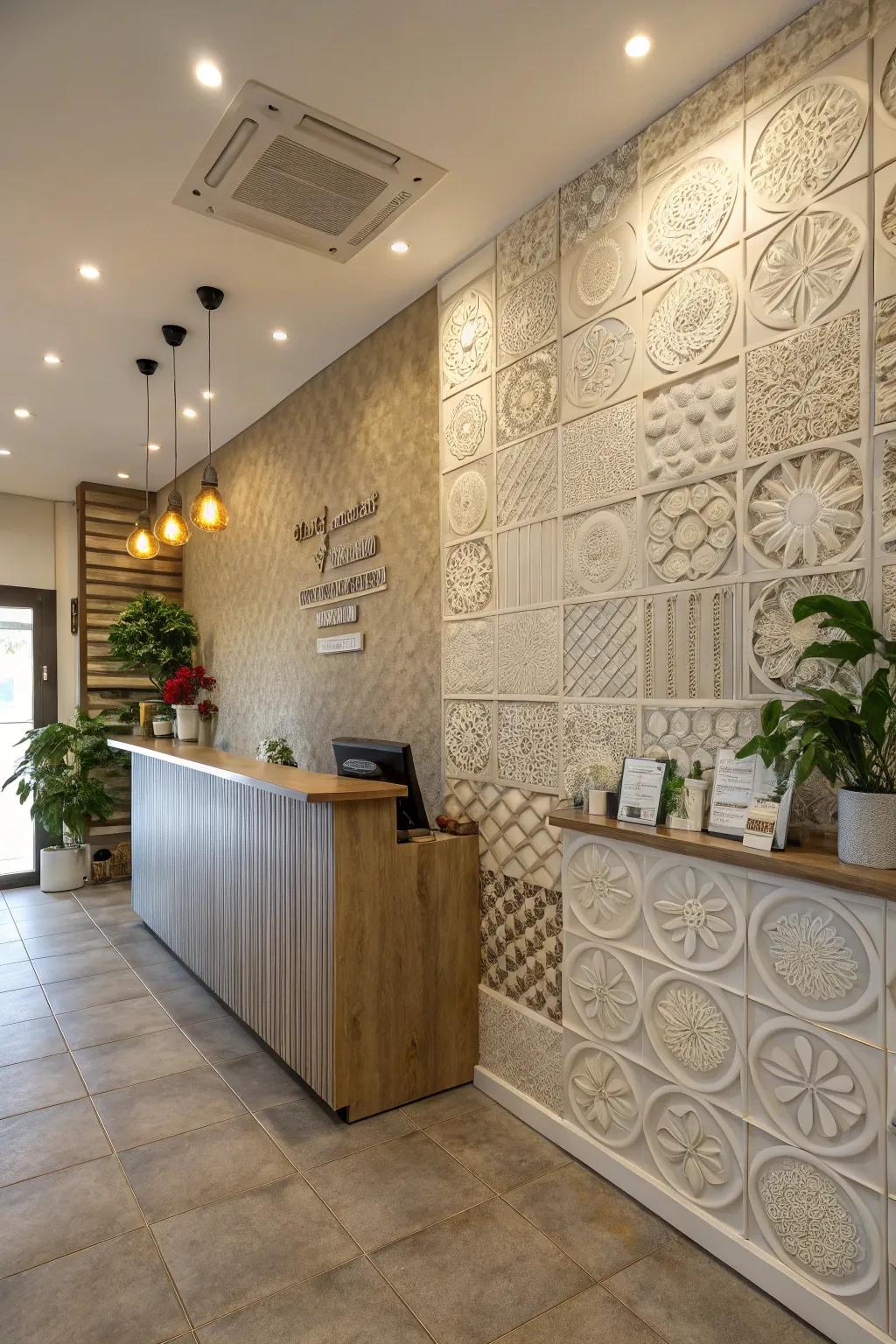 A salon reception space that features unique wall textures adding depth and character.