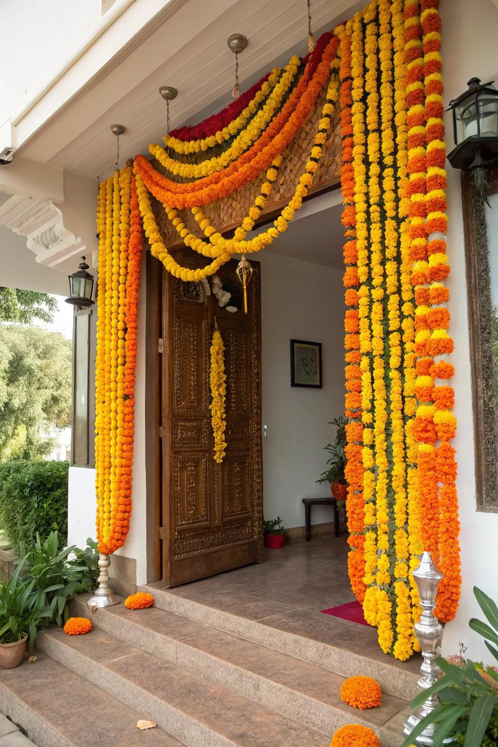 Calendula torans greet visitors with vibrant color.