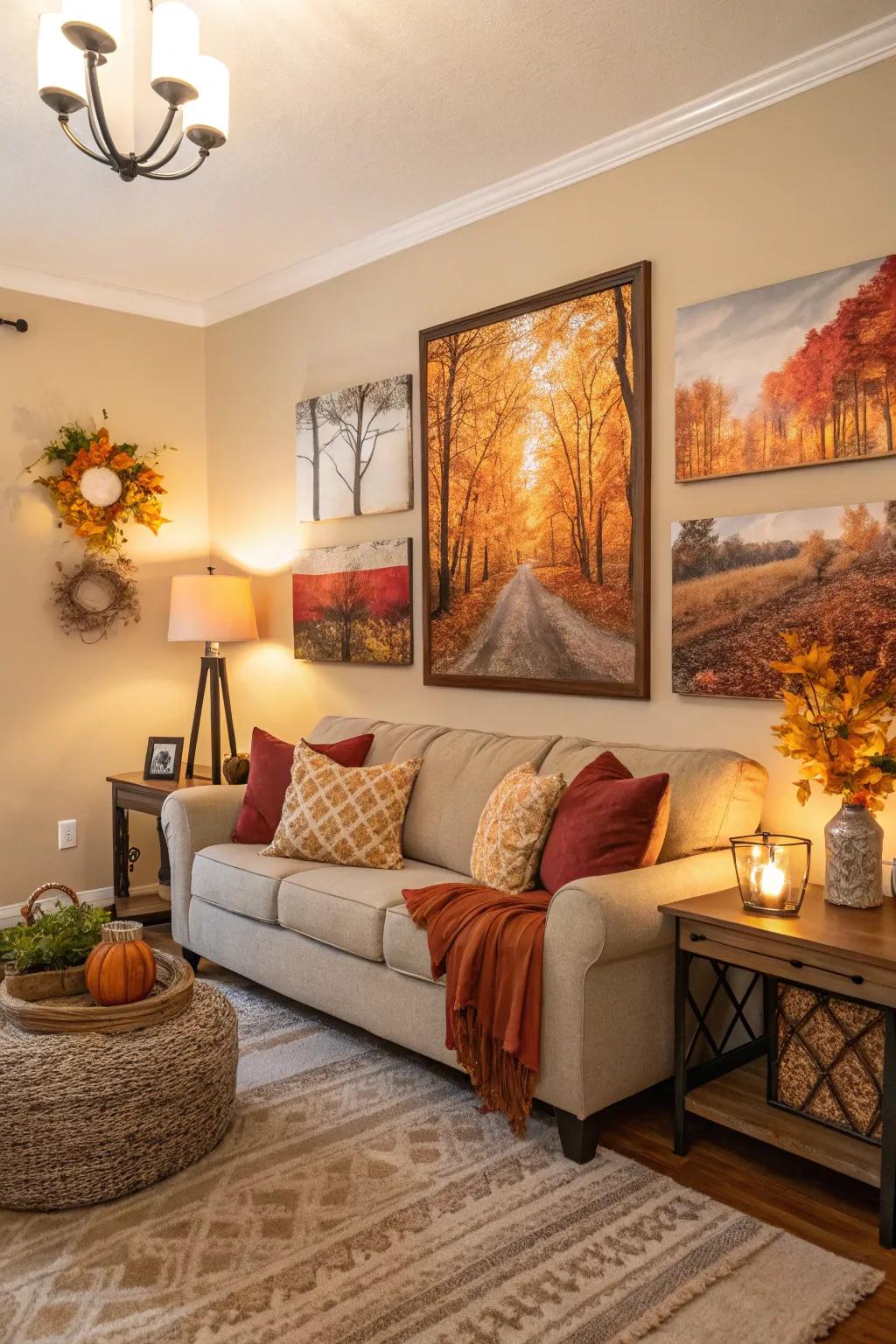 A living room featuring seasonal wall art swaps with warm tones