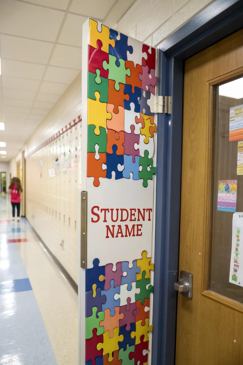 A united classroom entrance featuring jigsaw components symbolizing students.