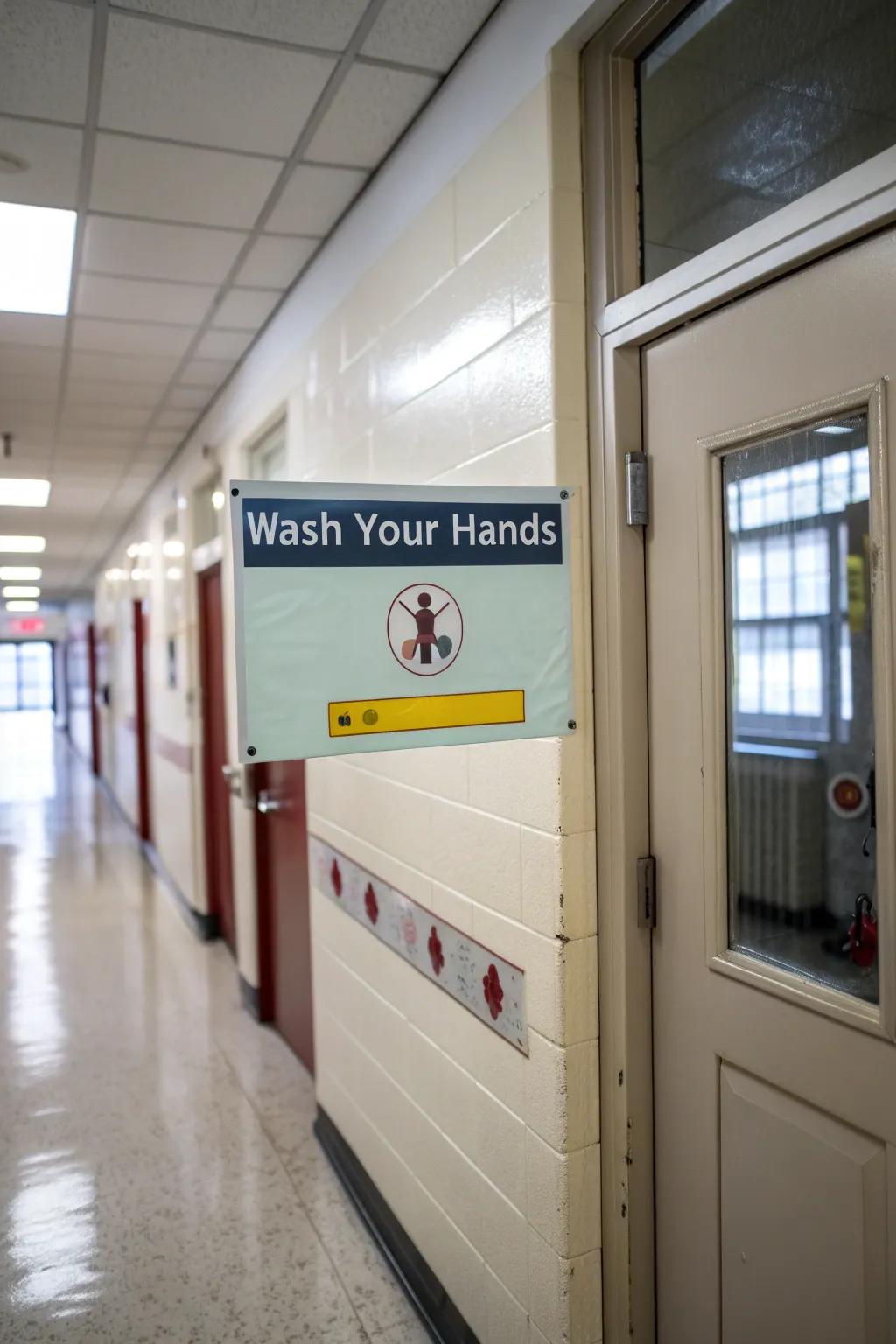 A safety-focused school nurse’s door promoting hygiene.