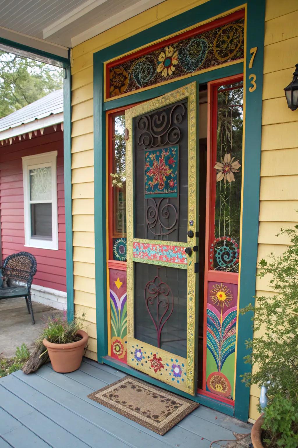 An artistic screen door serves as a blank page for creative expression.