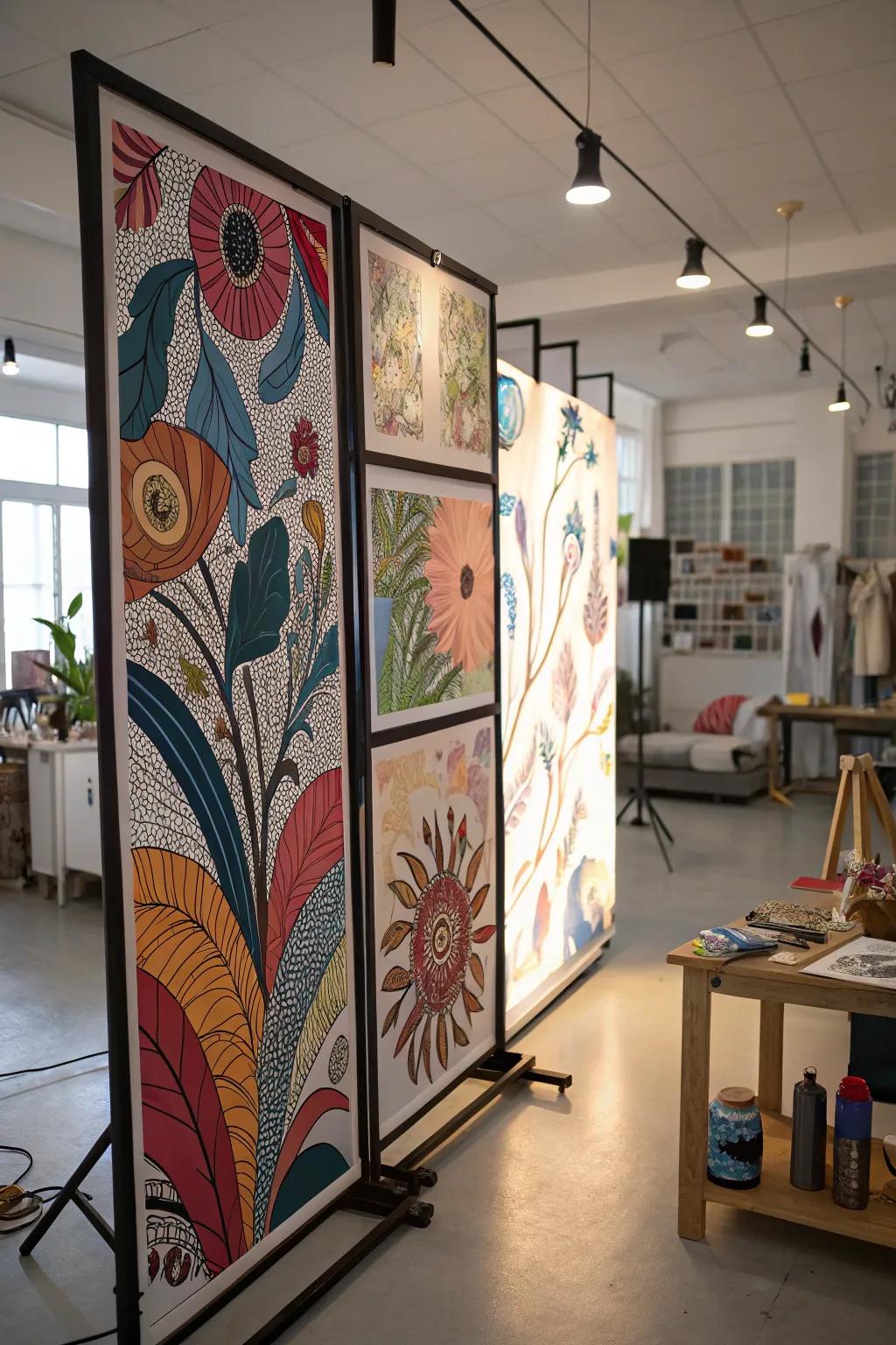 Custom artistic designs turn partitions into unique art pieces.