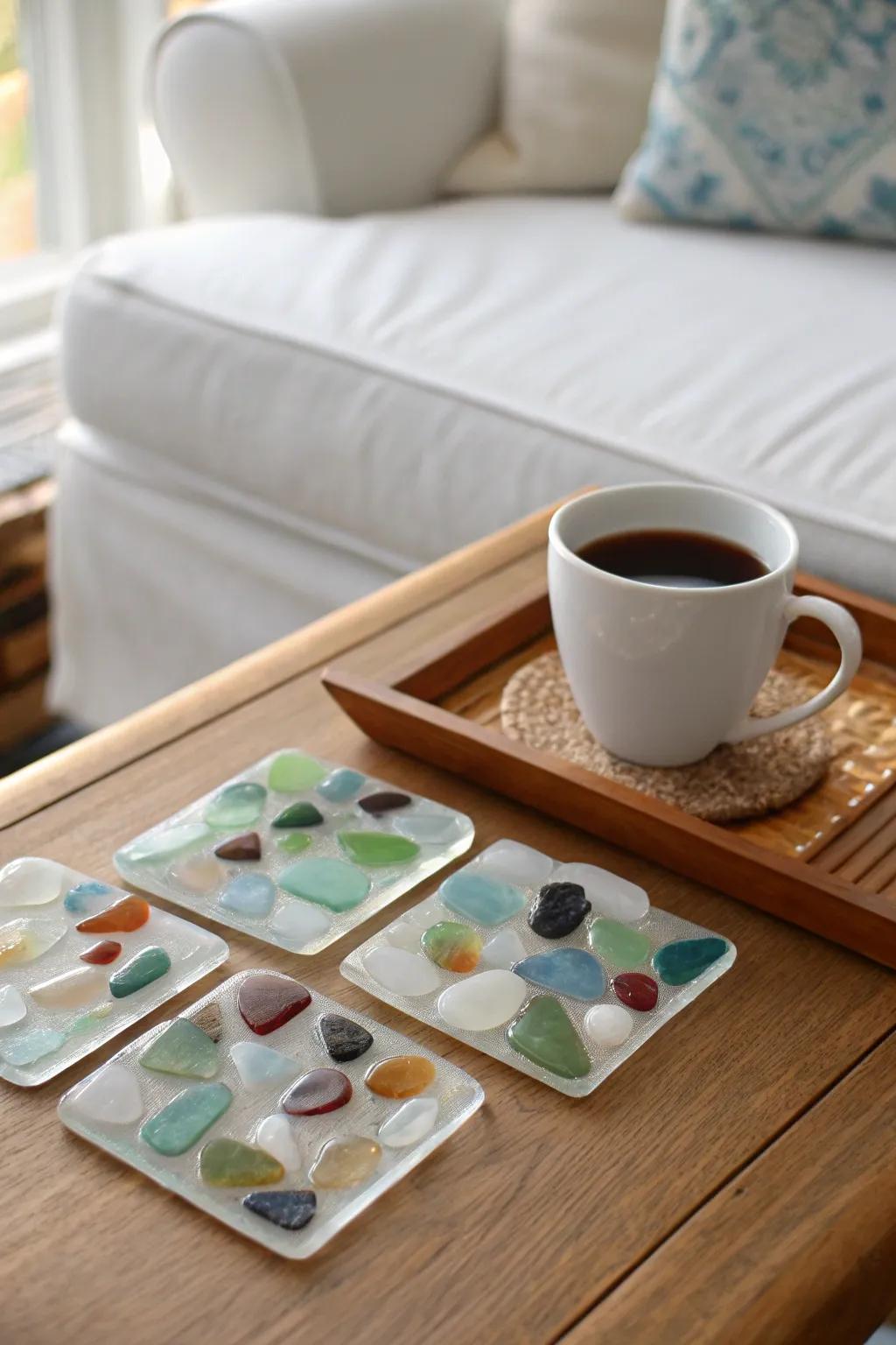 Sea glass table protectors are both practical and visually striking.