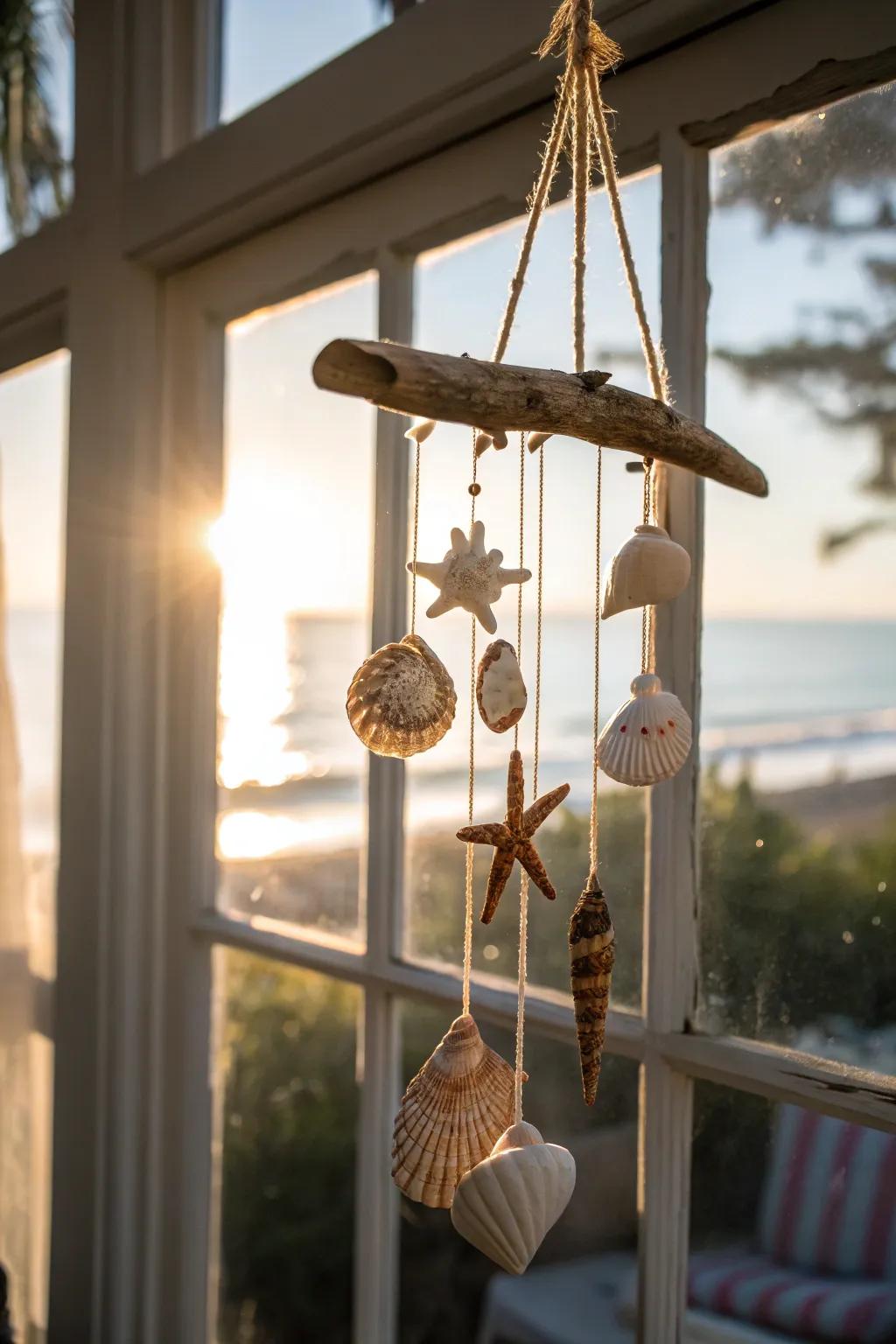 A seashell mobile injects motion and charm when suspended within a radiant fenestration.
