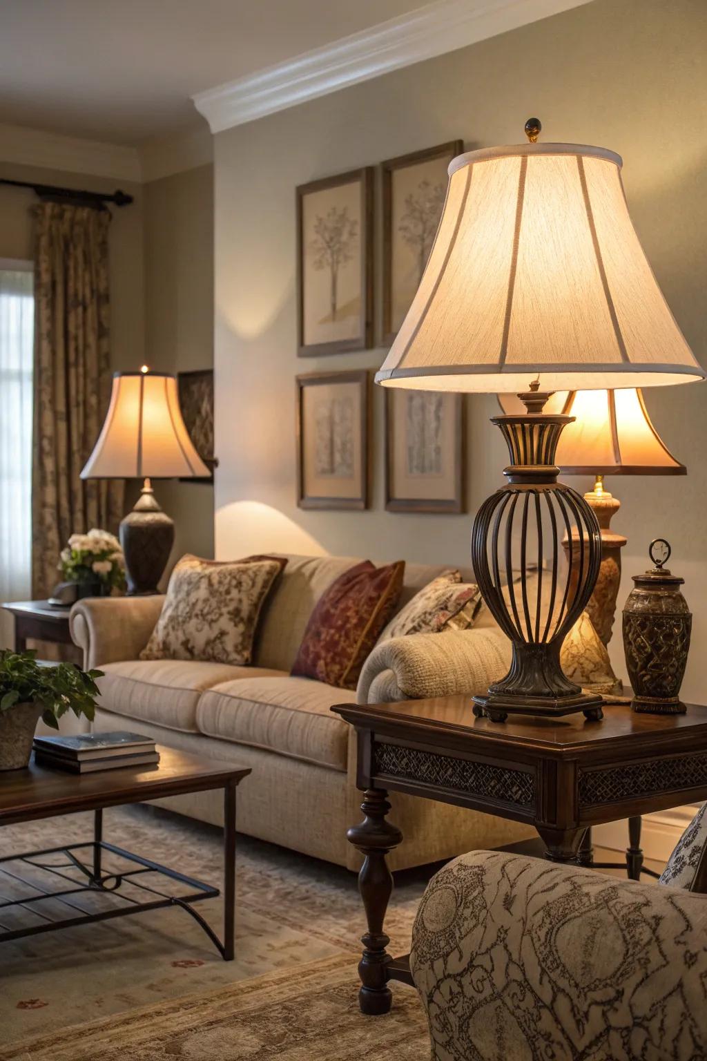 The room's ambiance and warmth are enhanced by layered lighting.