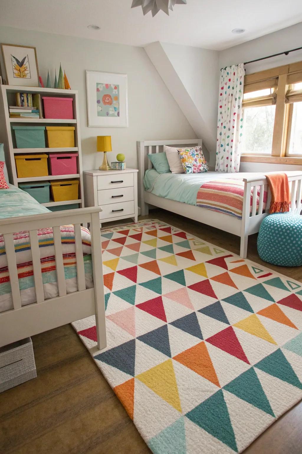 Geometric rugs define space while adding a modern touch.
