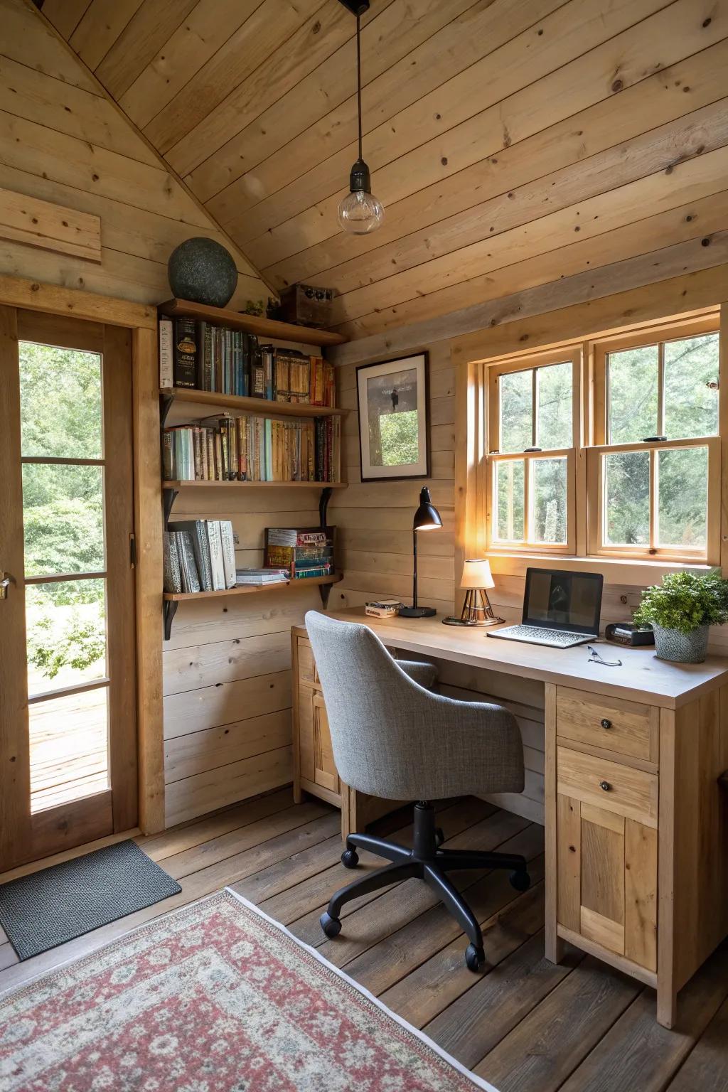 A shed home showcasing a dedicated home office space for productivity.