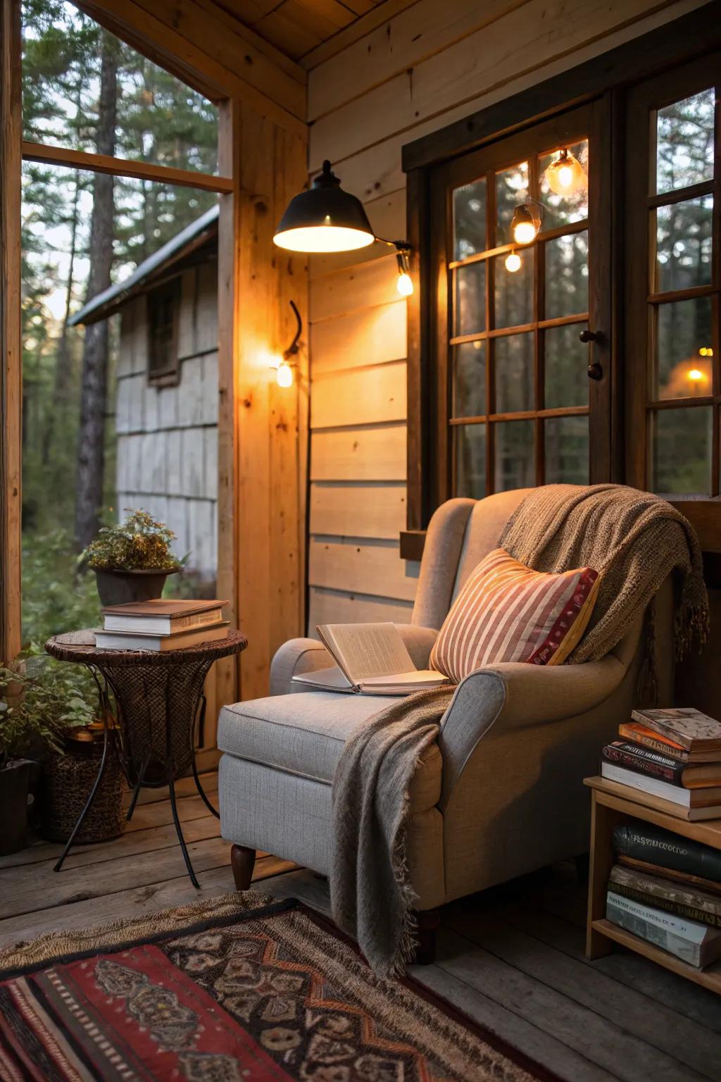 A reading spot offers a quiet place in a shed house.