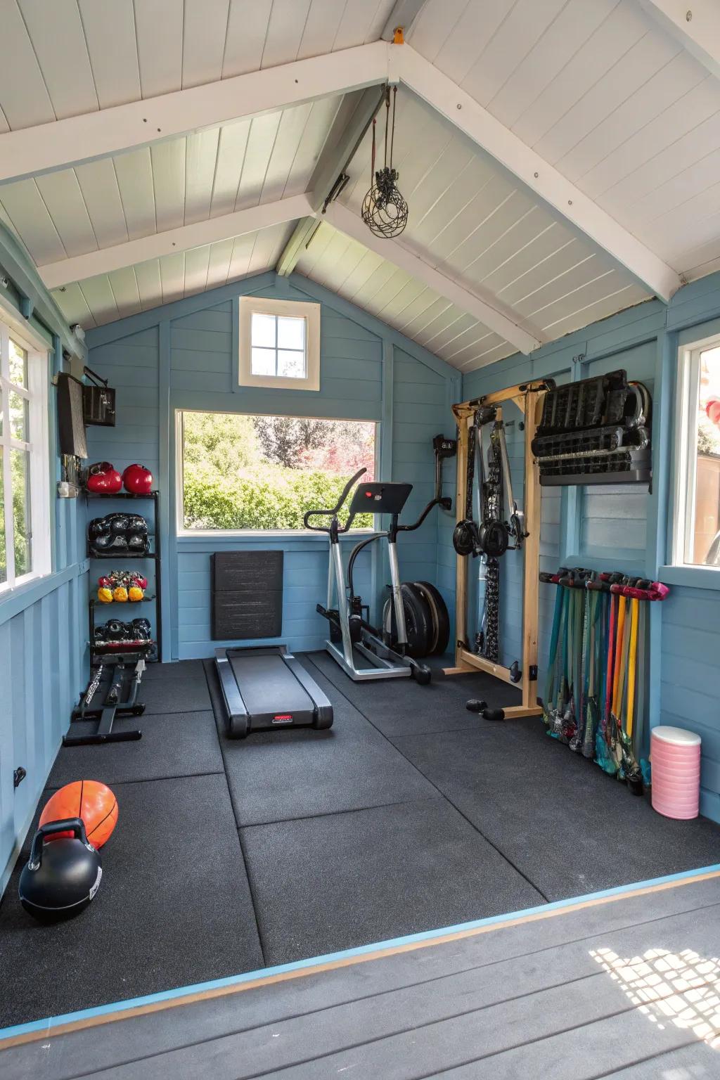 A shed designed as a fitness-focused area for your health and workout objectives.