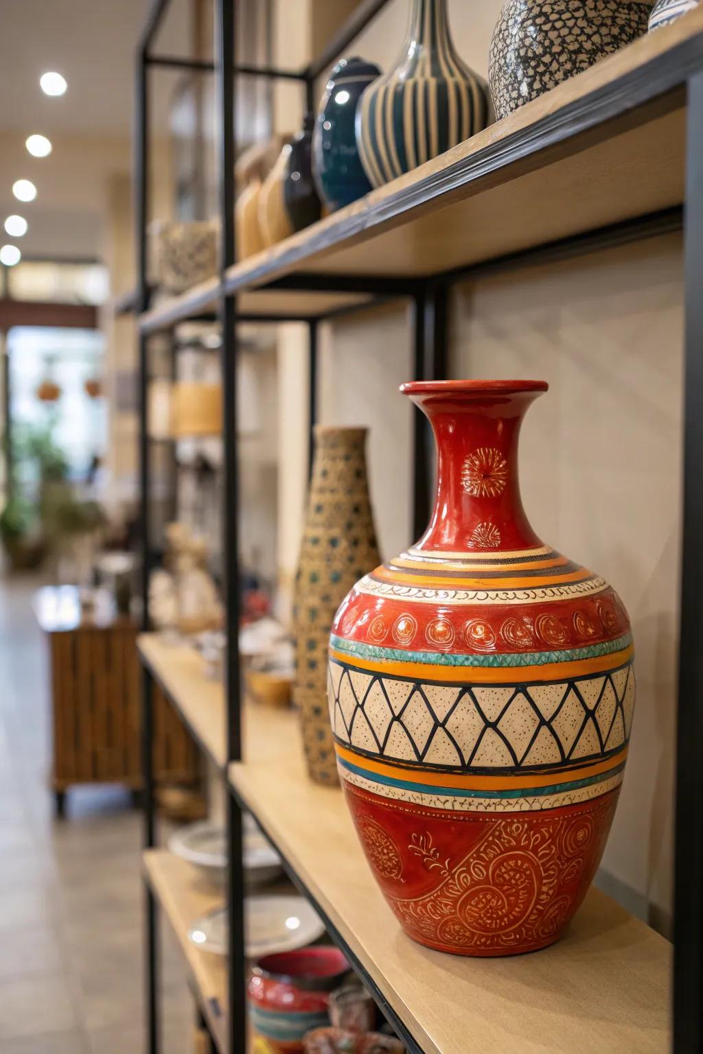 An audacious vessel acts as a focal point, rendering the shelf standout.