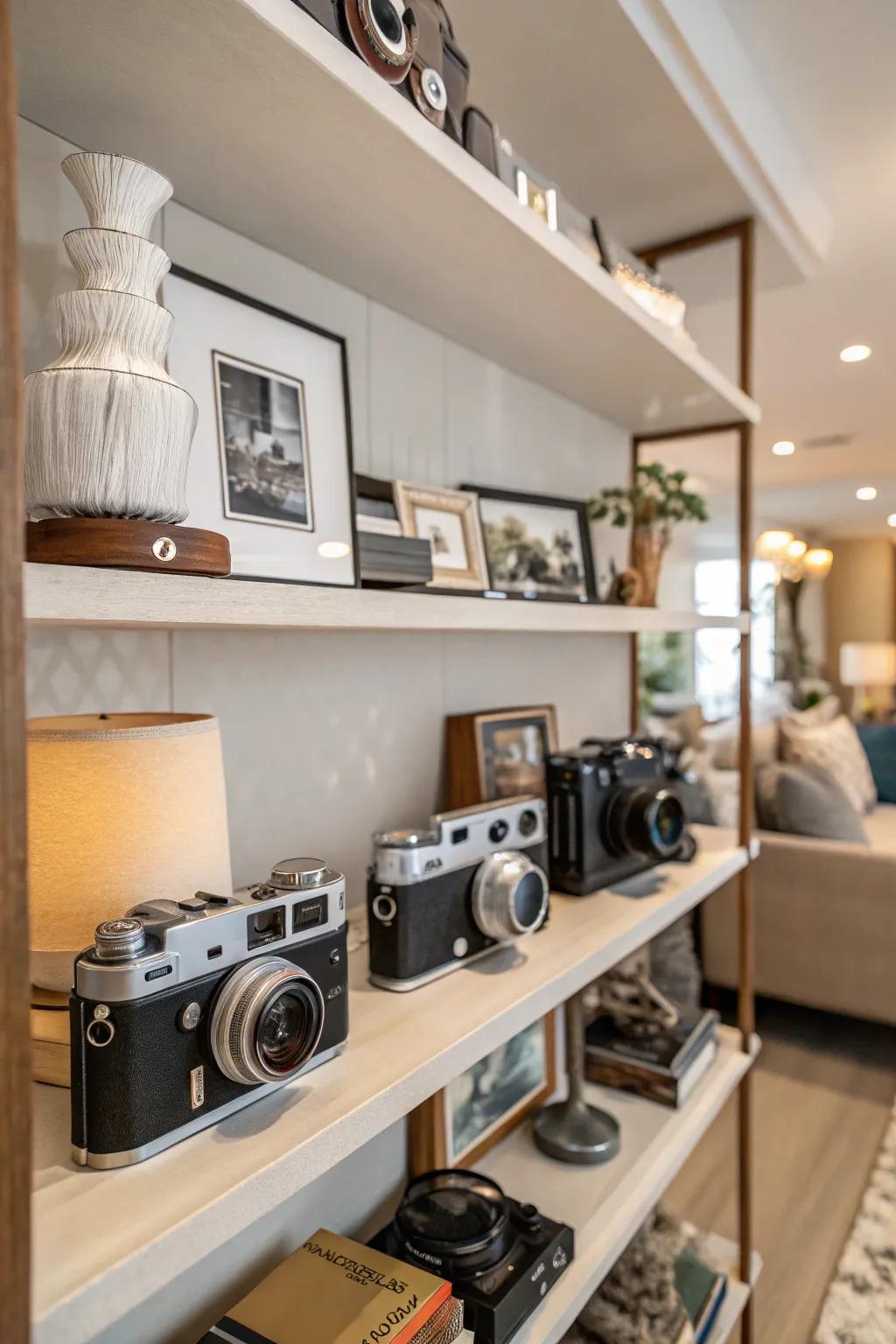 A collection of vintage cameras injects personal charm to shelves.