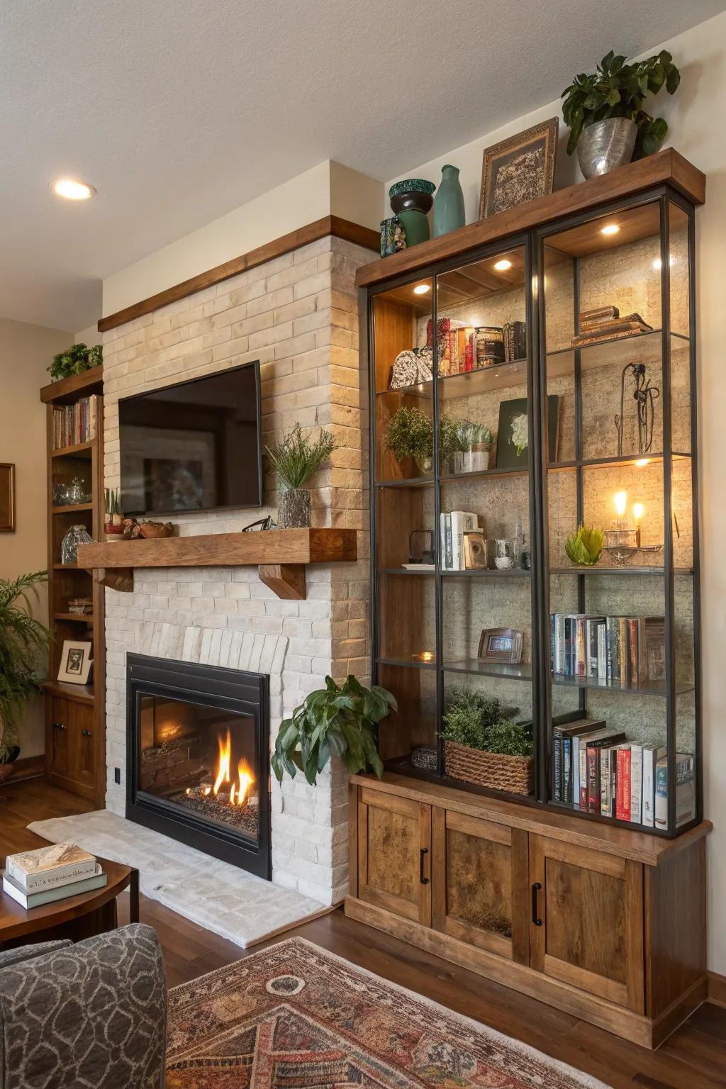 Mixed materials add depth and charm to the shelves.