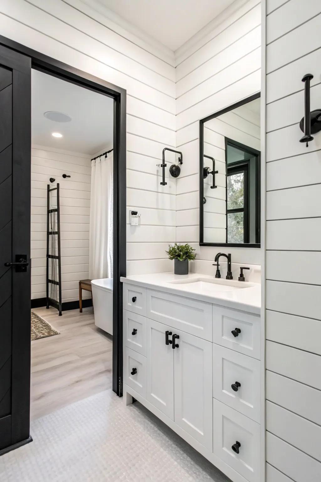 A monochrome bathroom featuring white wall planks for a textured look.