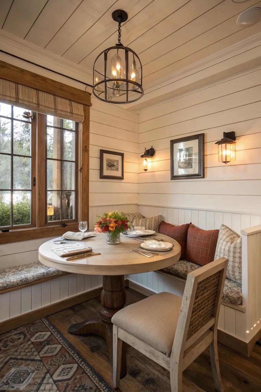 A cozy corner space with shiplap walls and comfortable seating.